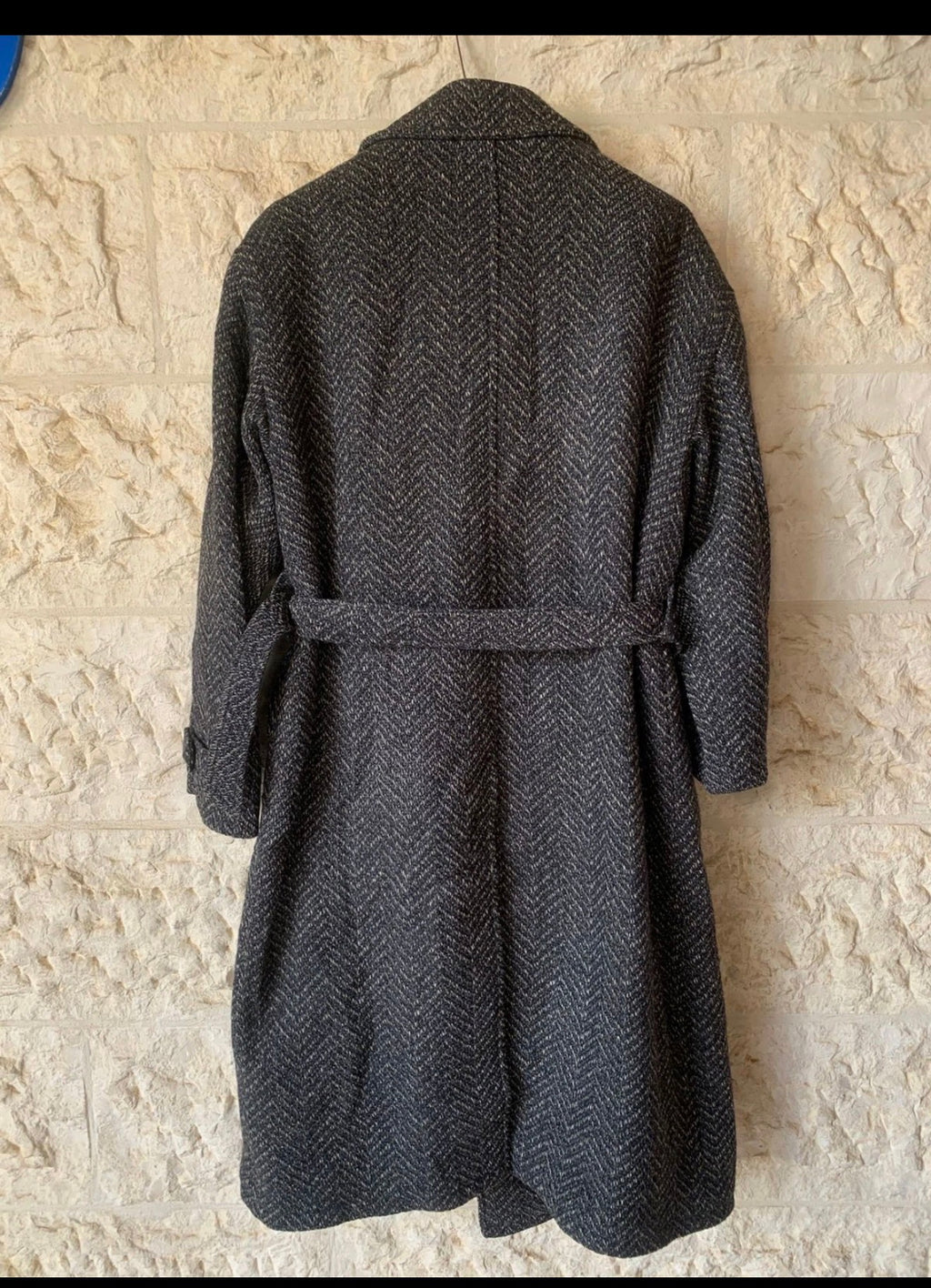 Vintage pure wool tweed belted herringbone classic over coat 46R 46S XL