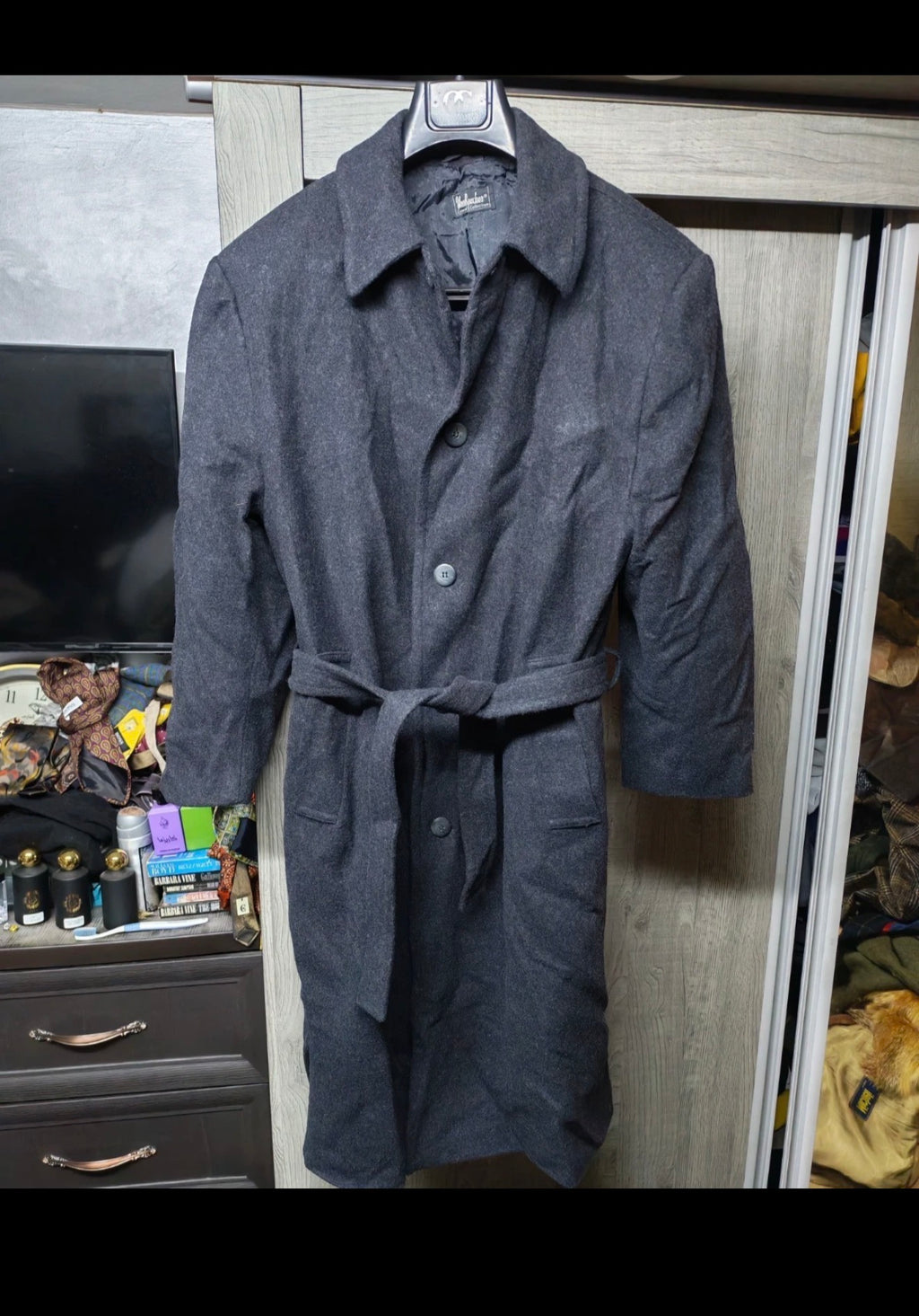 Vintage wool blended classic charcoal belted over coat 44R 44S