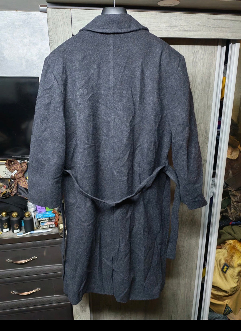 Vintage wool blended classic charcoal belted over coat 44R 44S