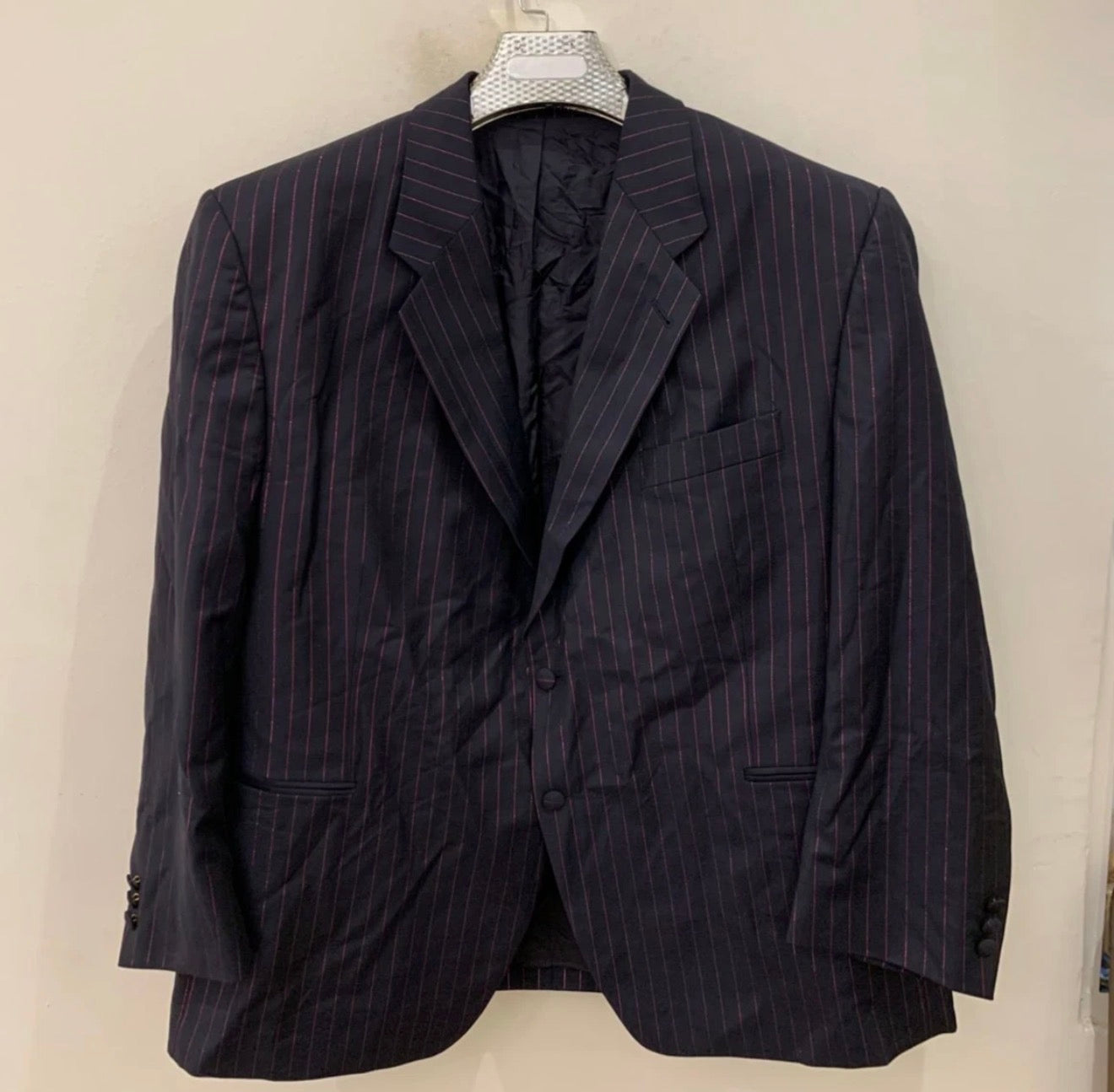 Vintage Dolzer classic superfine pure wool navy striped suit 46R 46S XL