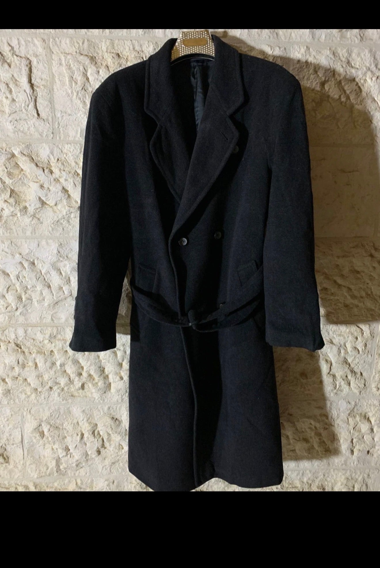 Vintage wool cashmere blend charcoal double breasted belted over coat 46R 46L XL