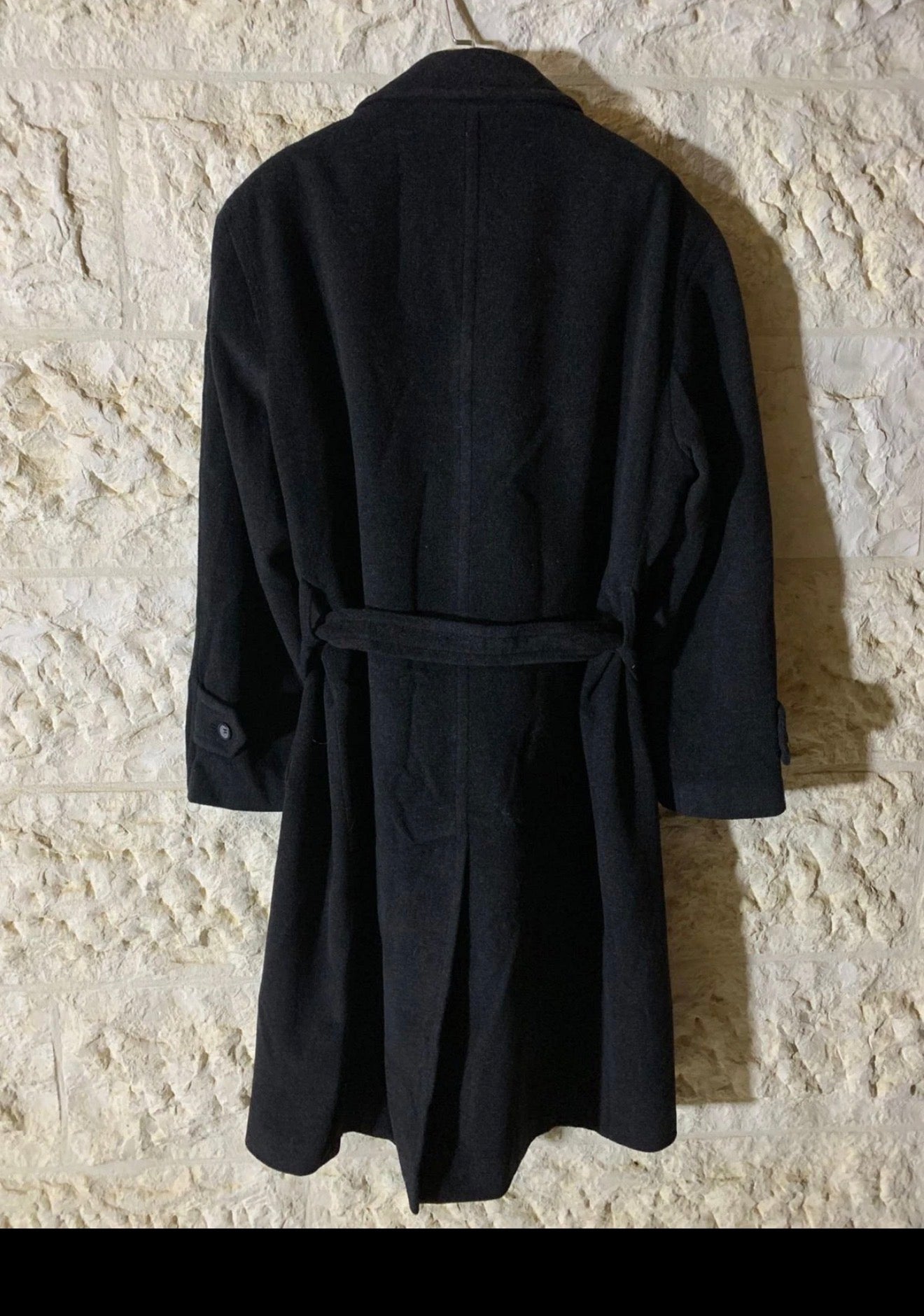 Vintage wool cashmere blend charcoal double breasted belted over coat 46R 46L XL