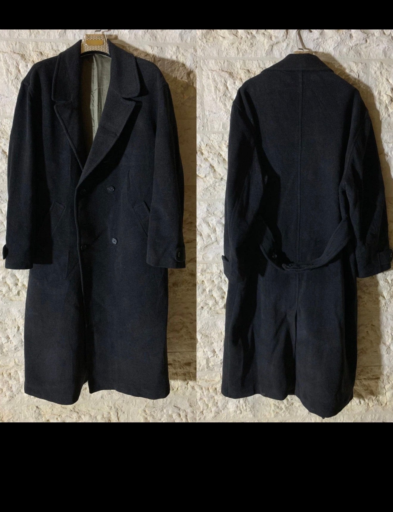 Vintage wool cashmere blend charcoal double breasted belted over coat 48R 48L XL