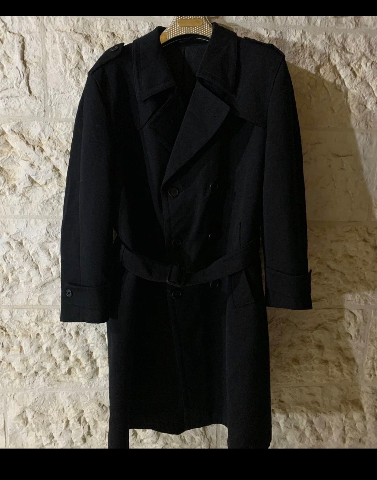 1970s Vintage wool blended classic belted black double breasted over coat 44R