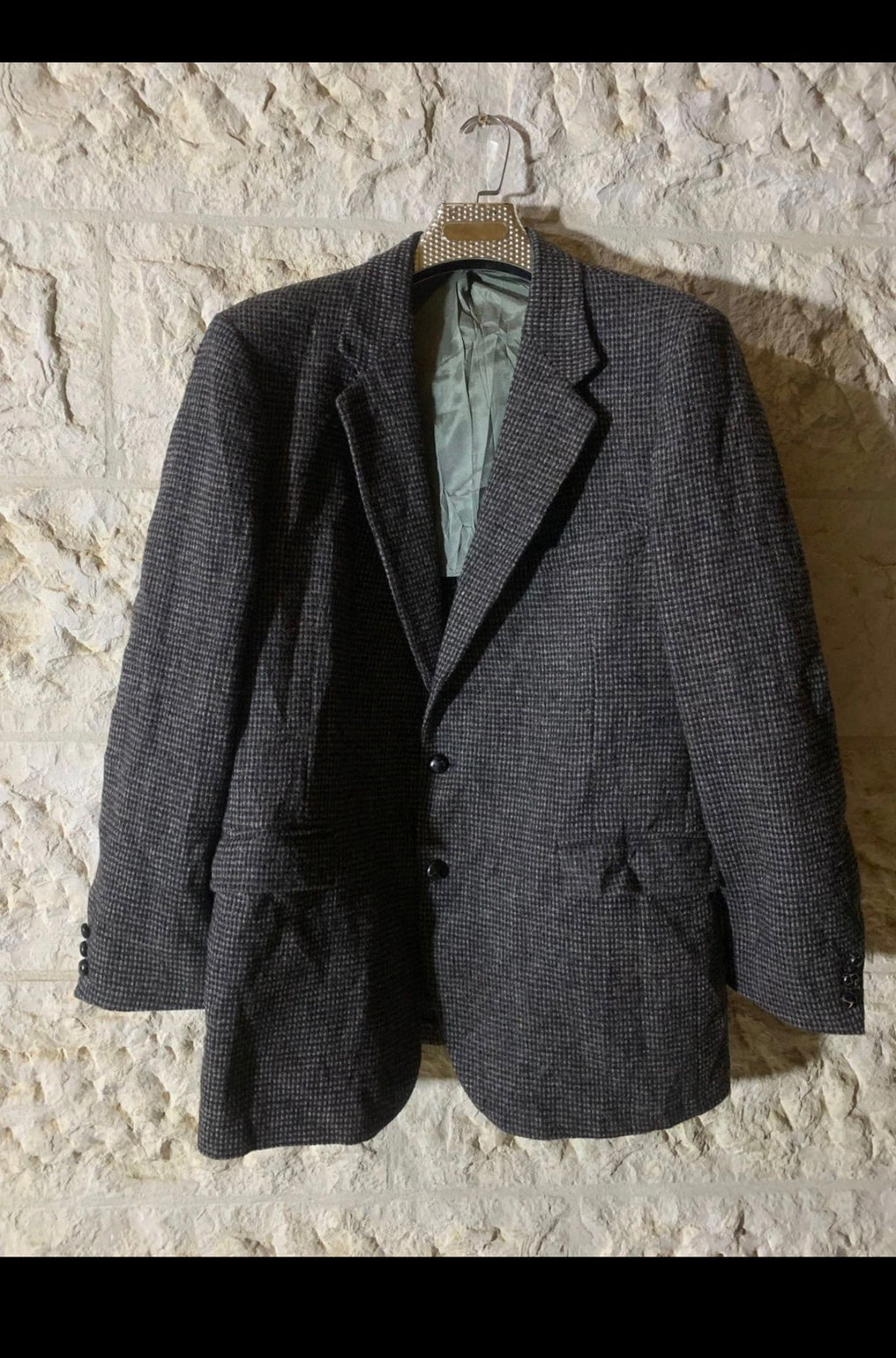Vintage Harris Tweed pure wool handwoven charcoal hunting jacket blazer 44R 44L
