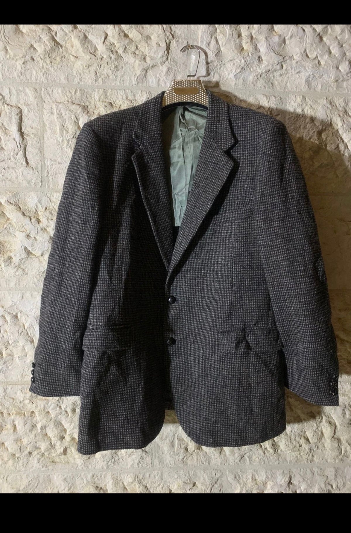 Vintage Harris Tweed pure wool handwoven charcoal hunting jacket blazer 44R 44L