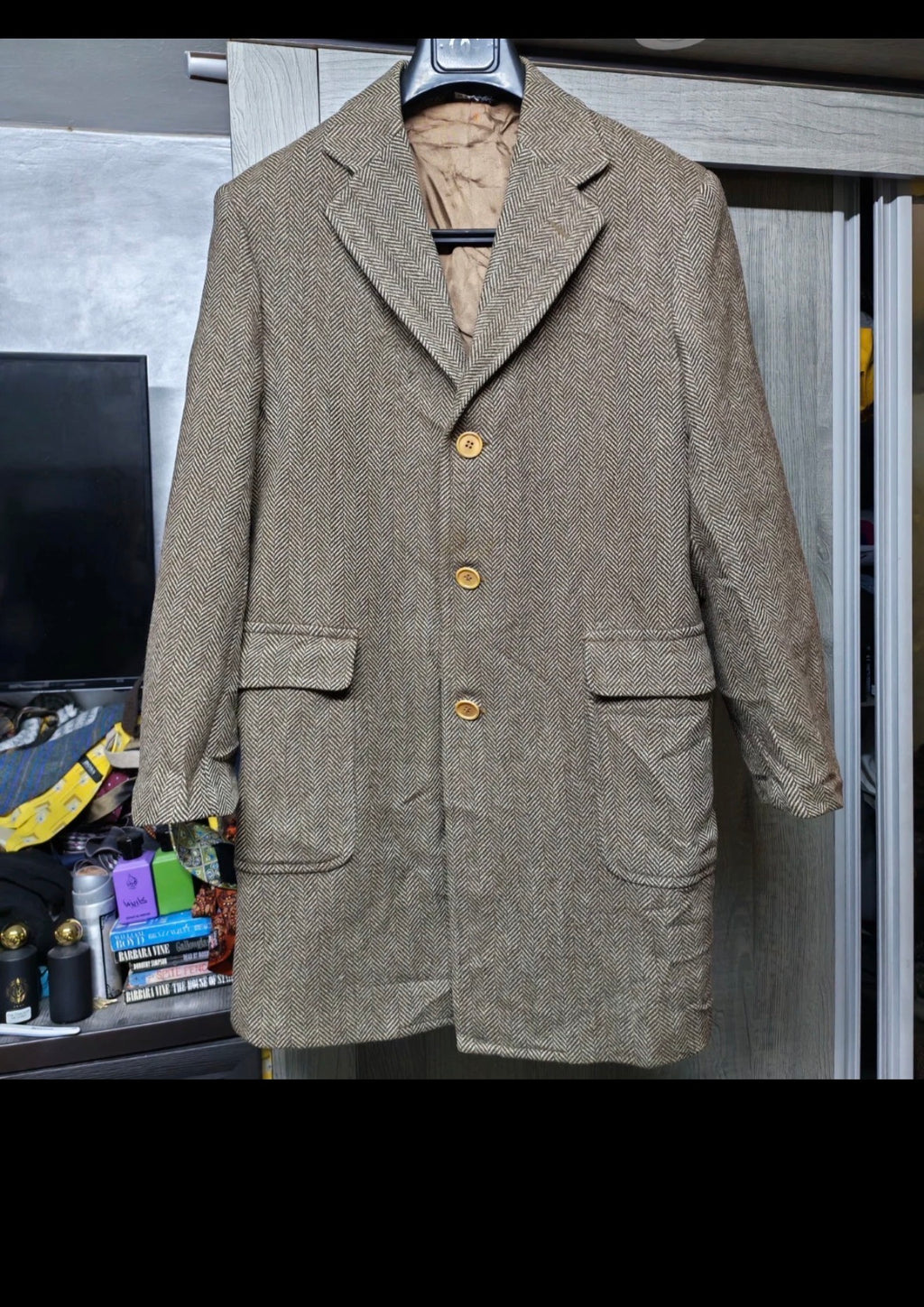Vintage Borrini wool cashmere herringbone classic brown over coat 40R