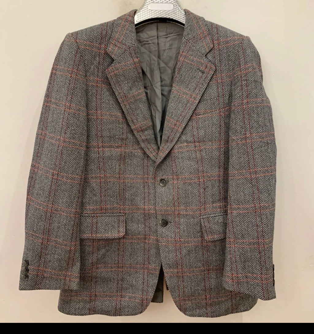 1970s vintage pure wool tweed herringbone gray hunting jacket blazer 38R