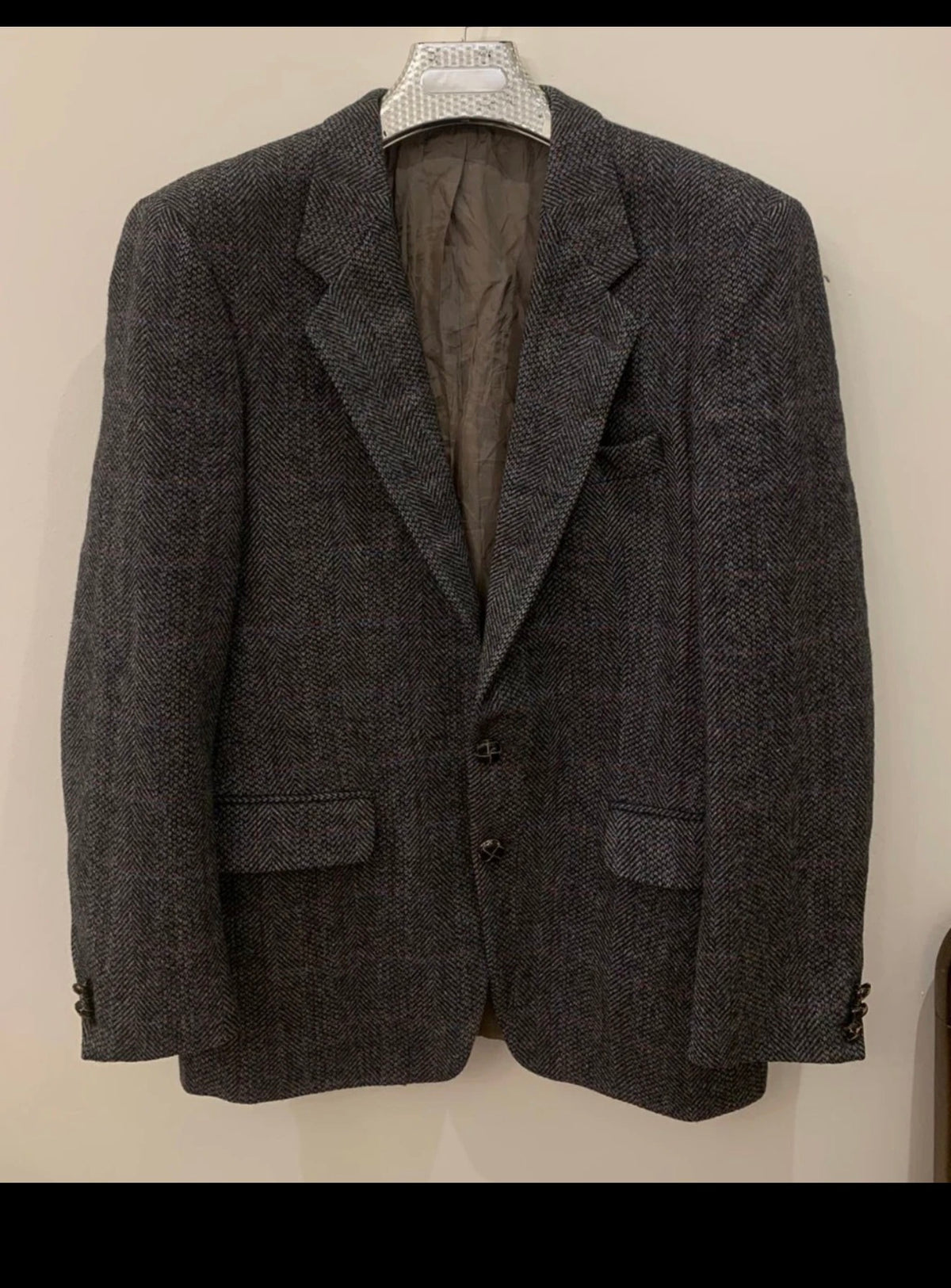 Vintage pure wool handwoven tweed Windowpane charcoal hunting jacket blazer 40R