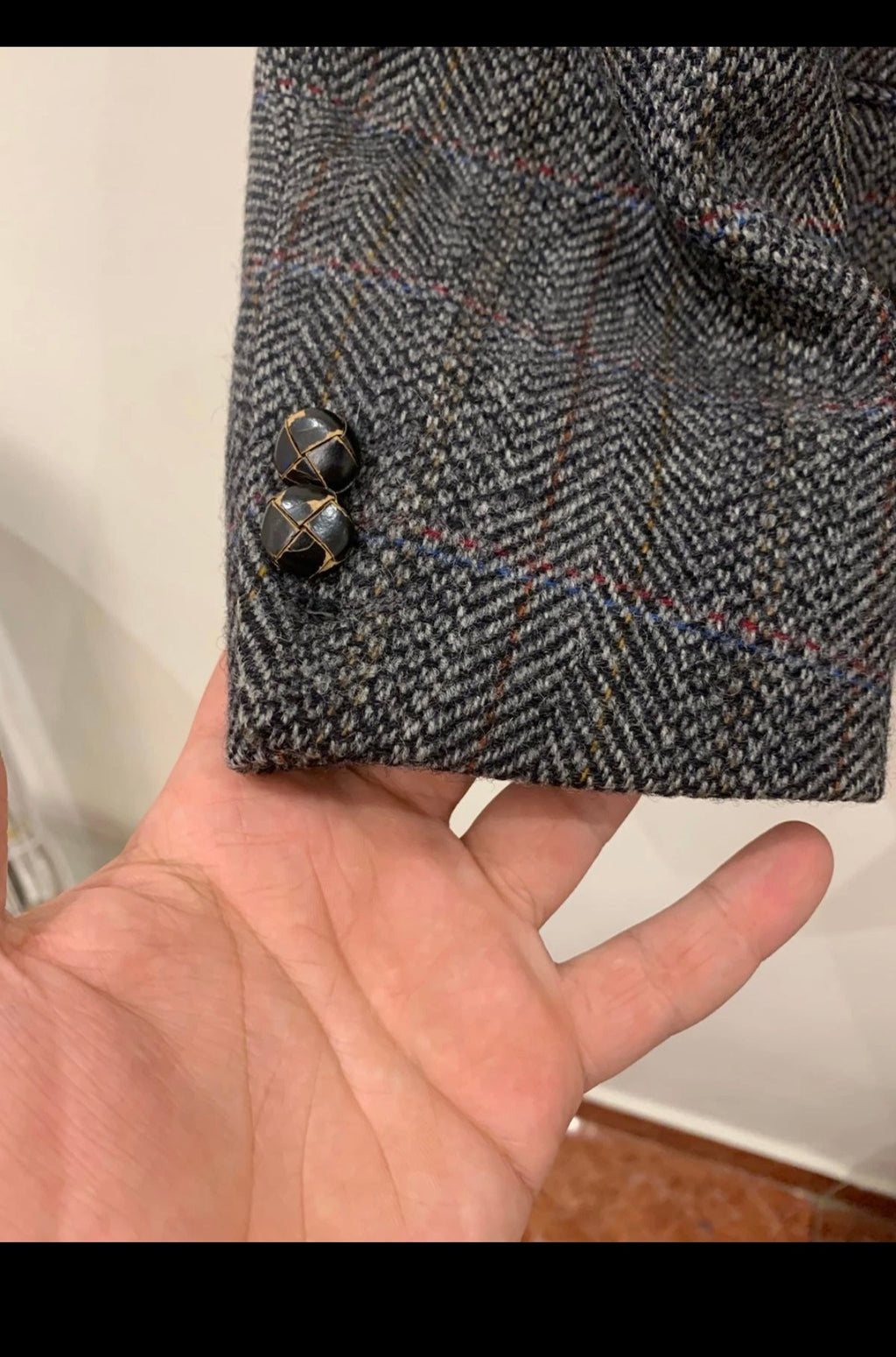 Vintage pure wool handwoven tweed Windowpane charcoal hunting jacket blazer 40R