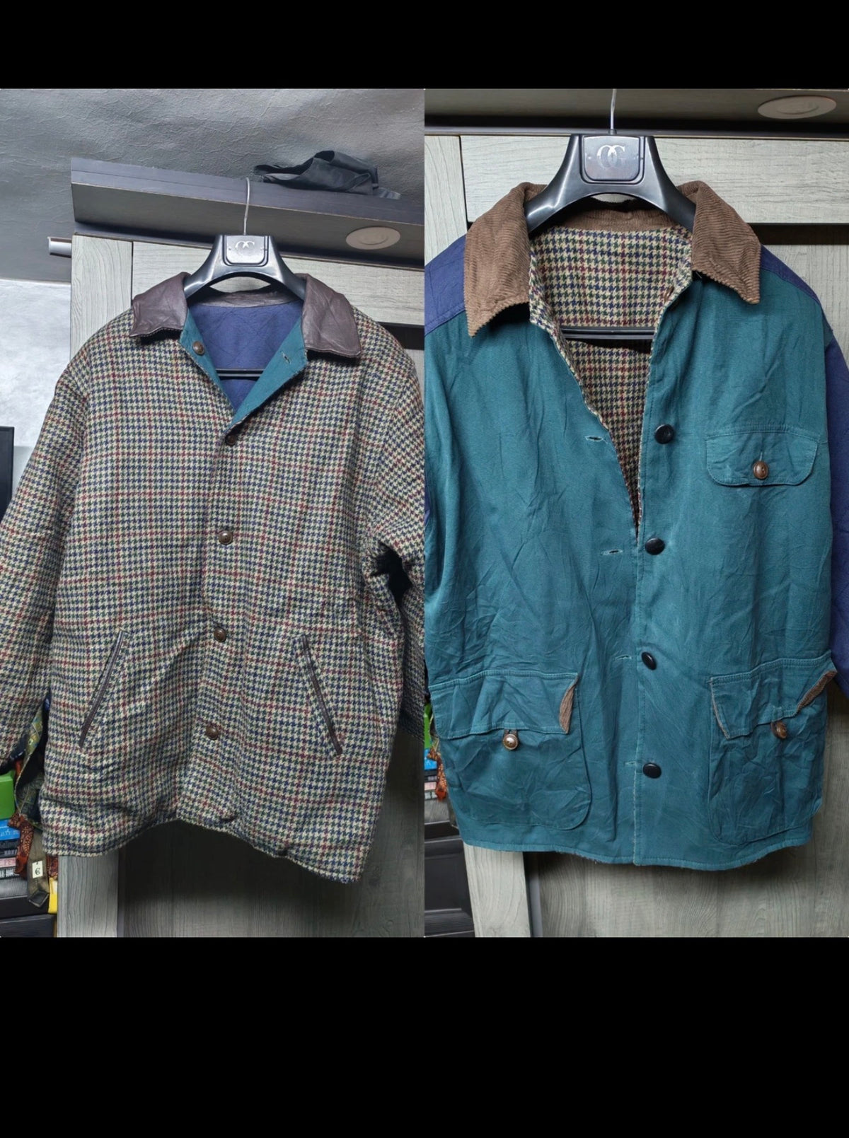 Vintage pure wool tweed houndstooth double face jacket coat 46R 46S XL