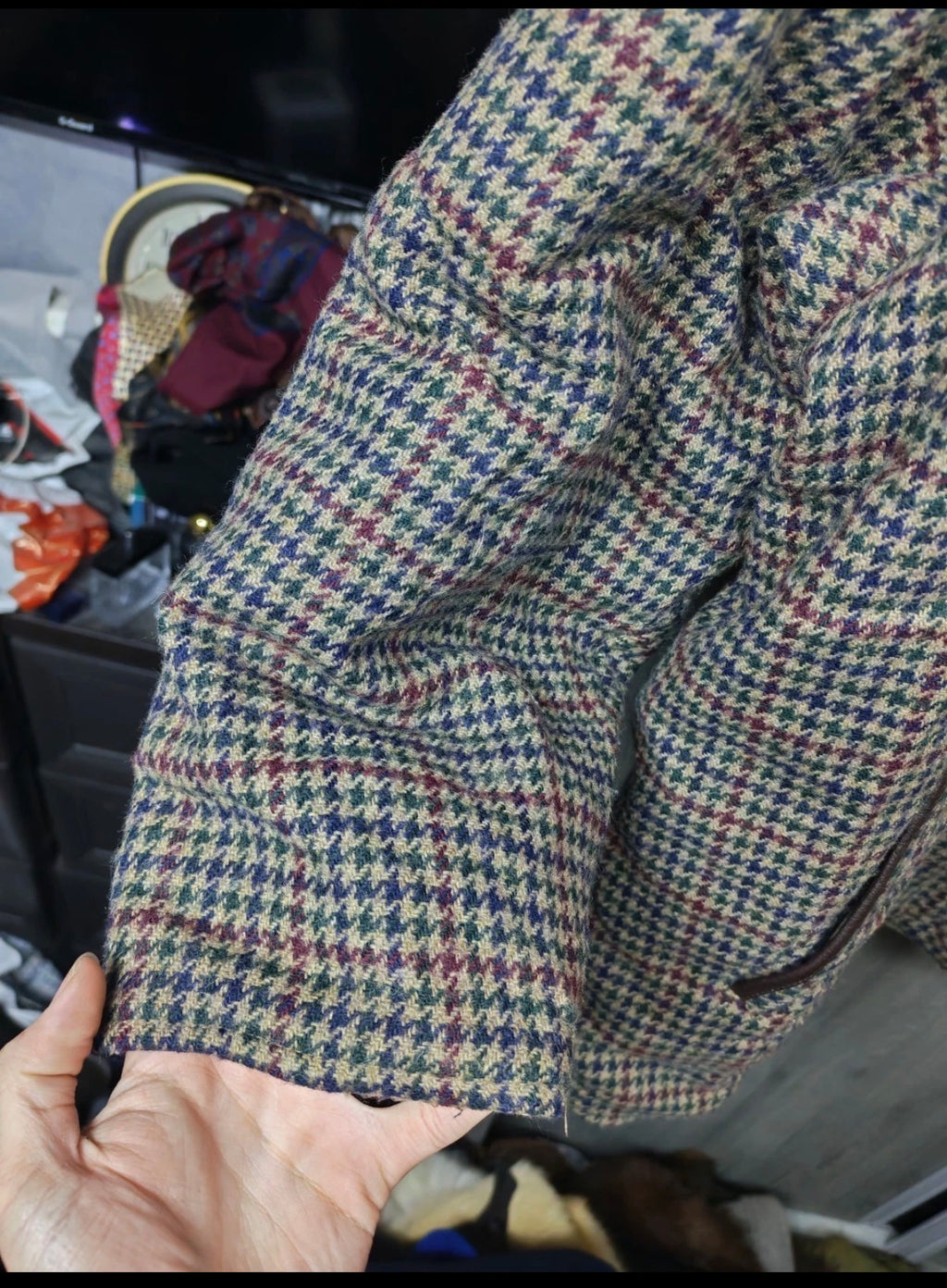 Vintage pure wool tweed houndstooth double face jacket coat 46R 46S XL