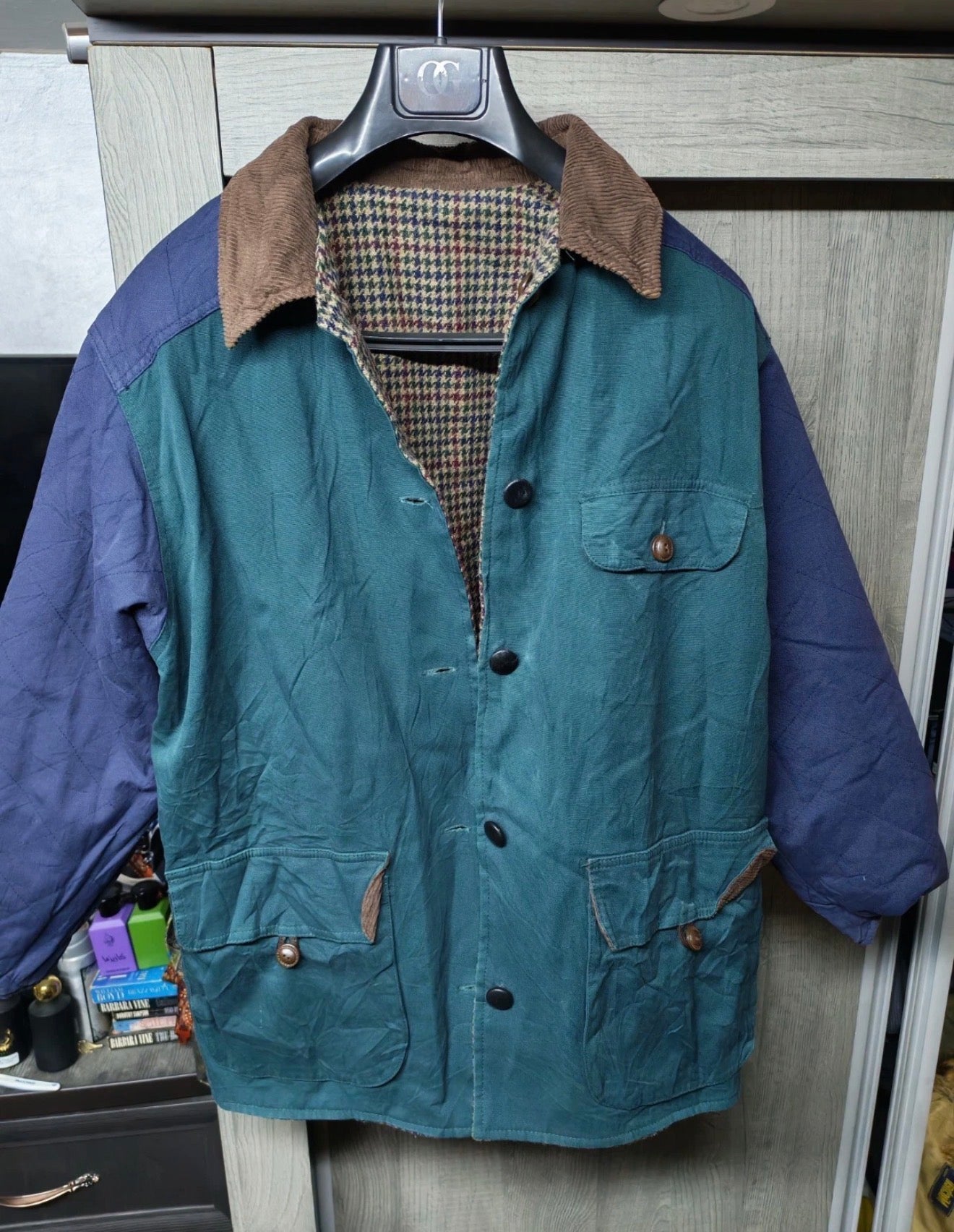 Vintage pure wool tweed houndstooth double face jacket coat 46R 46S XL