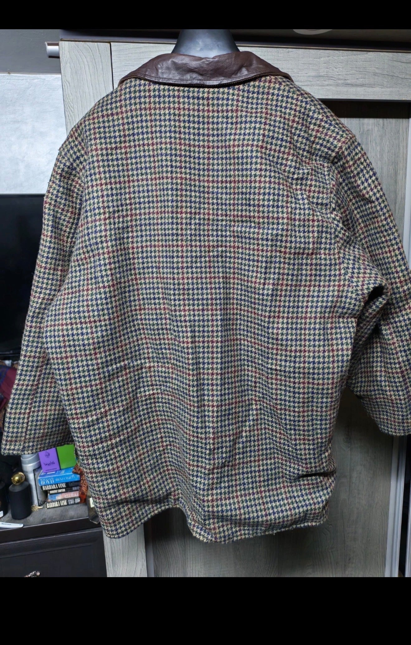 Vintage pure wool tweed houndstooth double face jacket coat 46R 46S XL