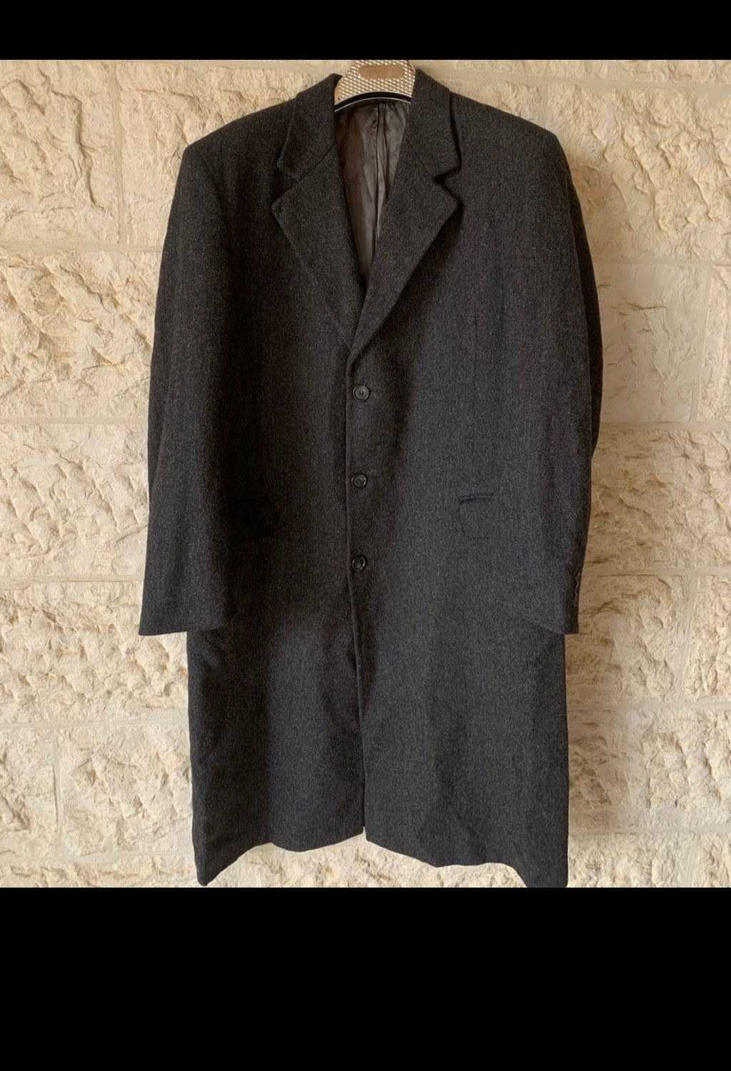 Vintage pure wool handwoven tweed herringbone charcoal over coat 46R 46L XL