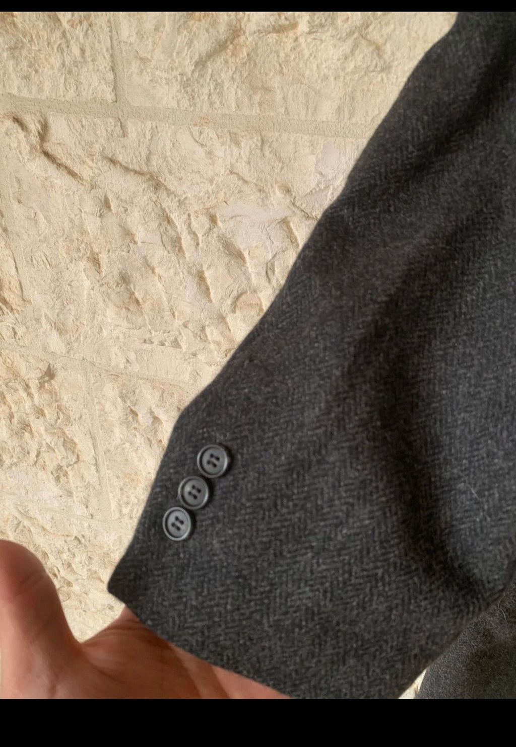 Vintage pure wool handwoven tweed herringbone charcoal over coat 46R 46L XL