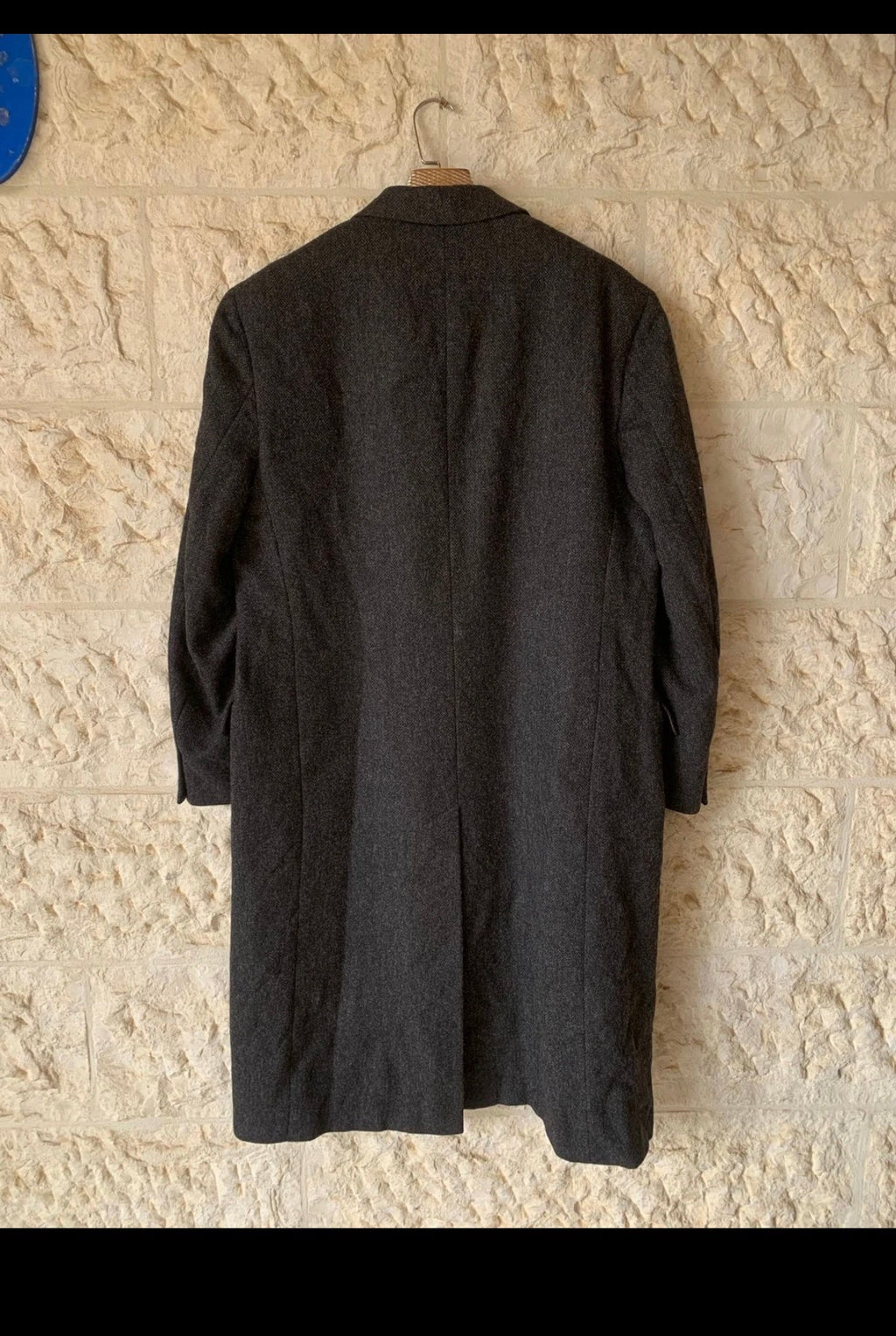 Vintage pure wool handwoven tweed herringbone charcoal over coat 46R 46L XL