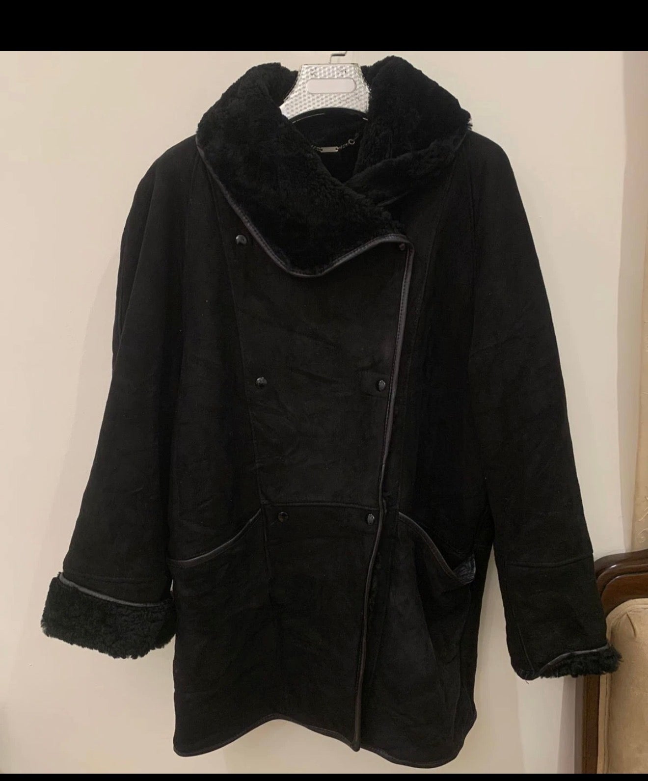Vintage genuine black Suede double breasted sheepskin jacket coat 18 XL 48