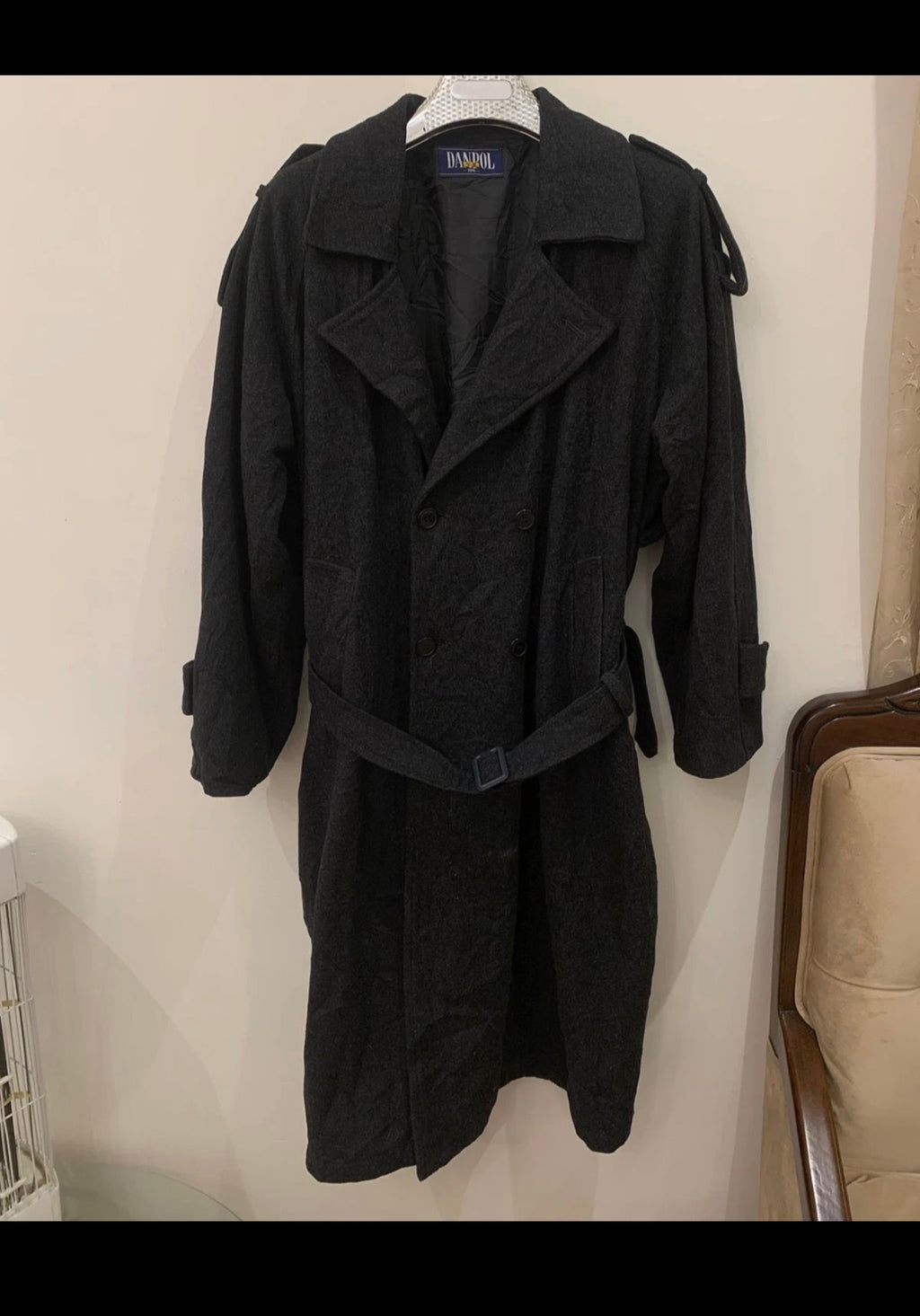 Vintage Danpol wool blend charcoal belted double breasted over coat 50R 2XL