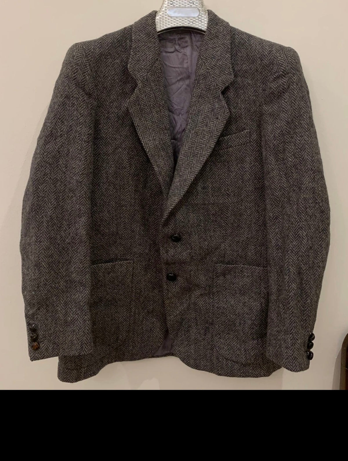 Vintage pure wool handwoven Tweed herringbone charcoal hunting jacket blazer 36R