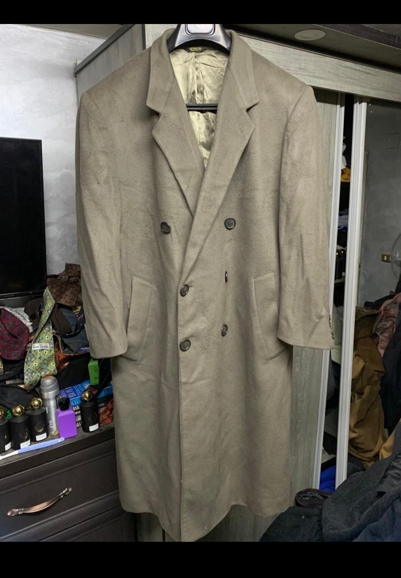 1980s Vintage pure Lambswool green classic double breasted over coat 48R XL