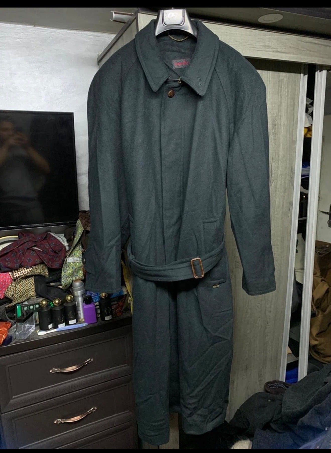 Vintage pure wool classic green belted raglan long over coat 52R 52L 3XL
