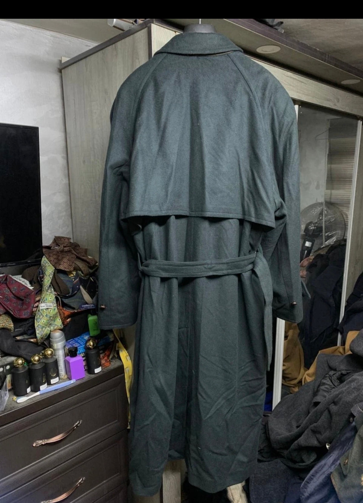Vintage pure wool classic green belted raglan long over coat 52R 52L 3XL