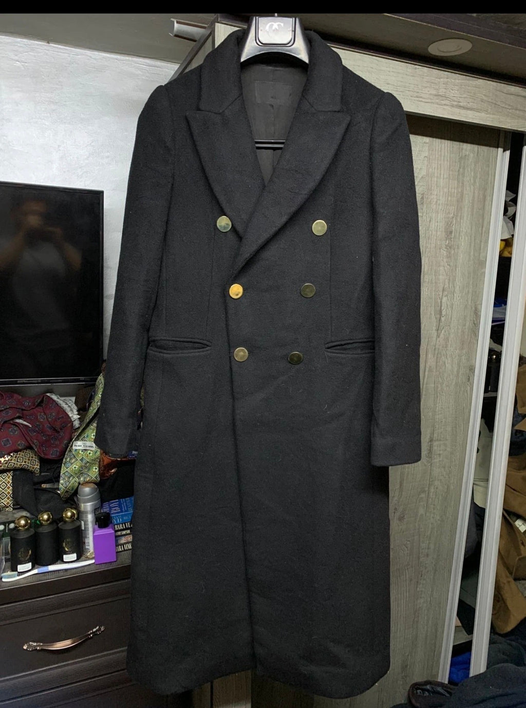Classic style wool blended gold button double breasted over coat 34R XS