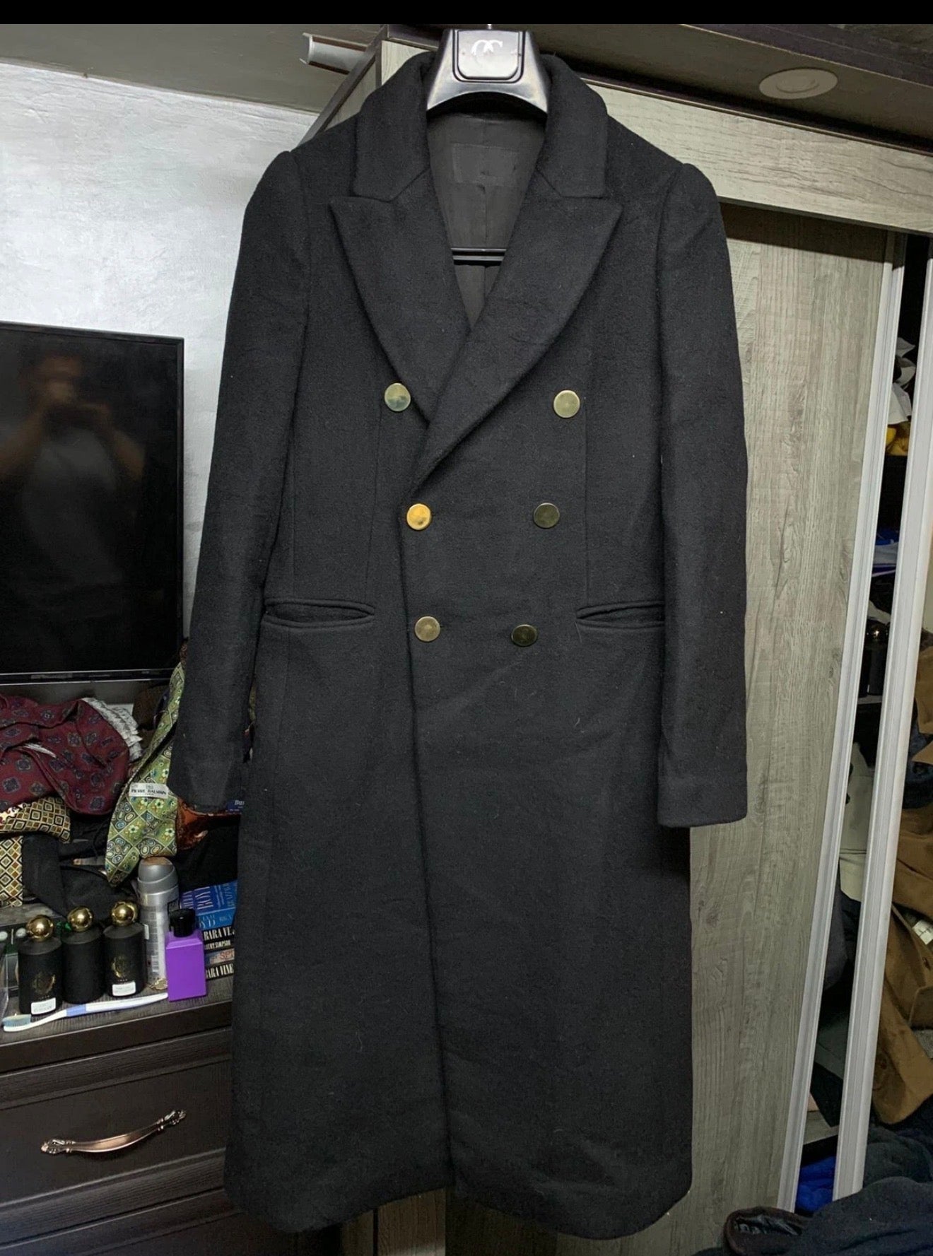 Classic style wool blended gold button double breasted over coat 34R XS