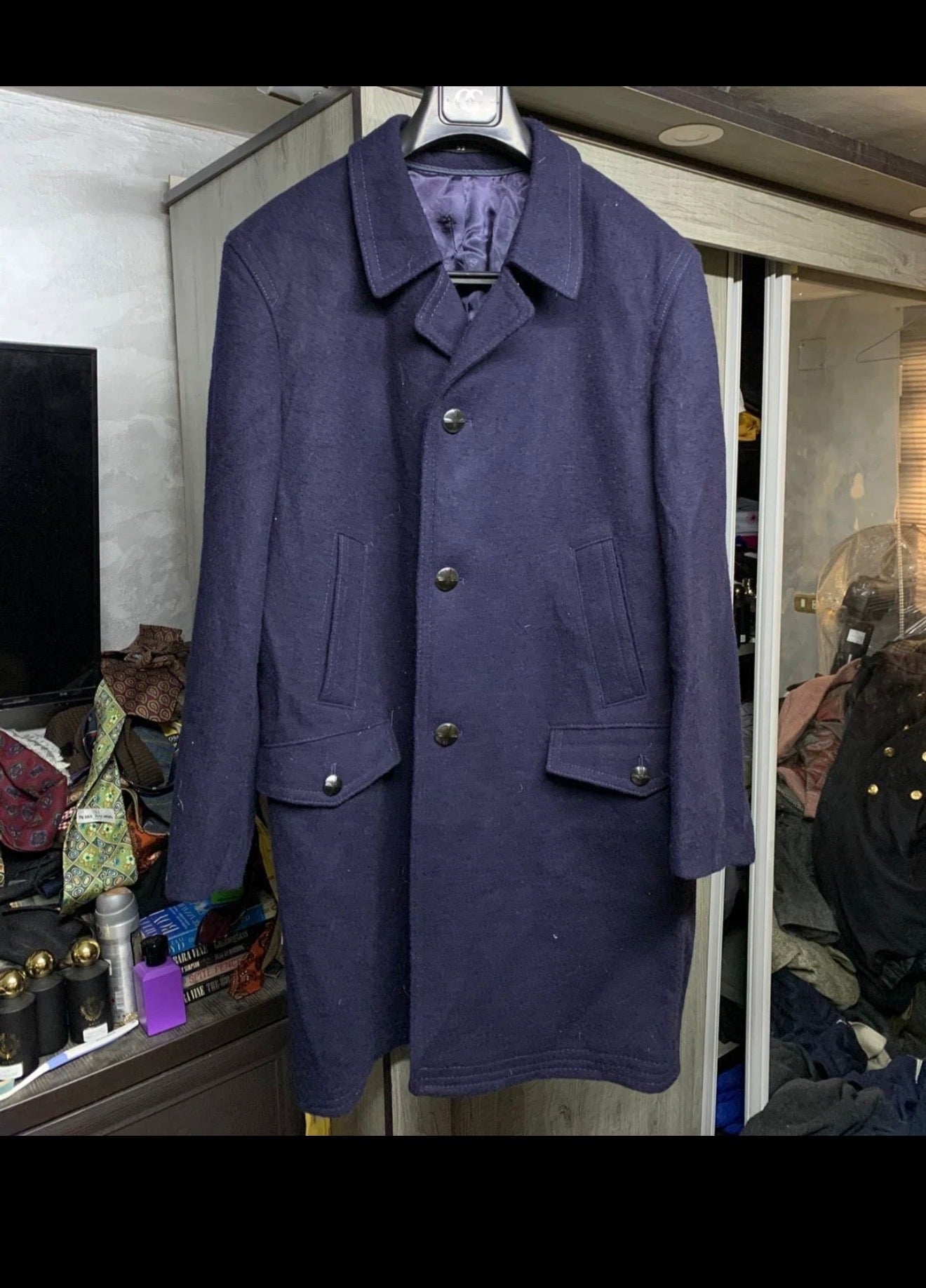 Vintage pure woollen wool tweed classic navy over coat 46R 46L XL