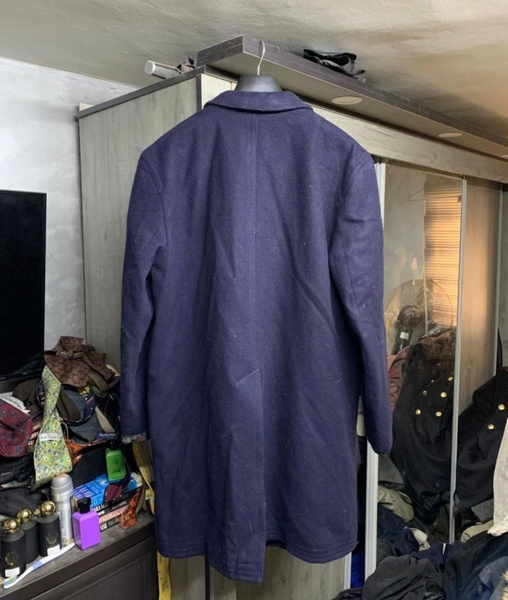 Vintage pure woollen wool tweed classic navy over coat 46R 46L XL