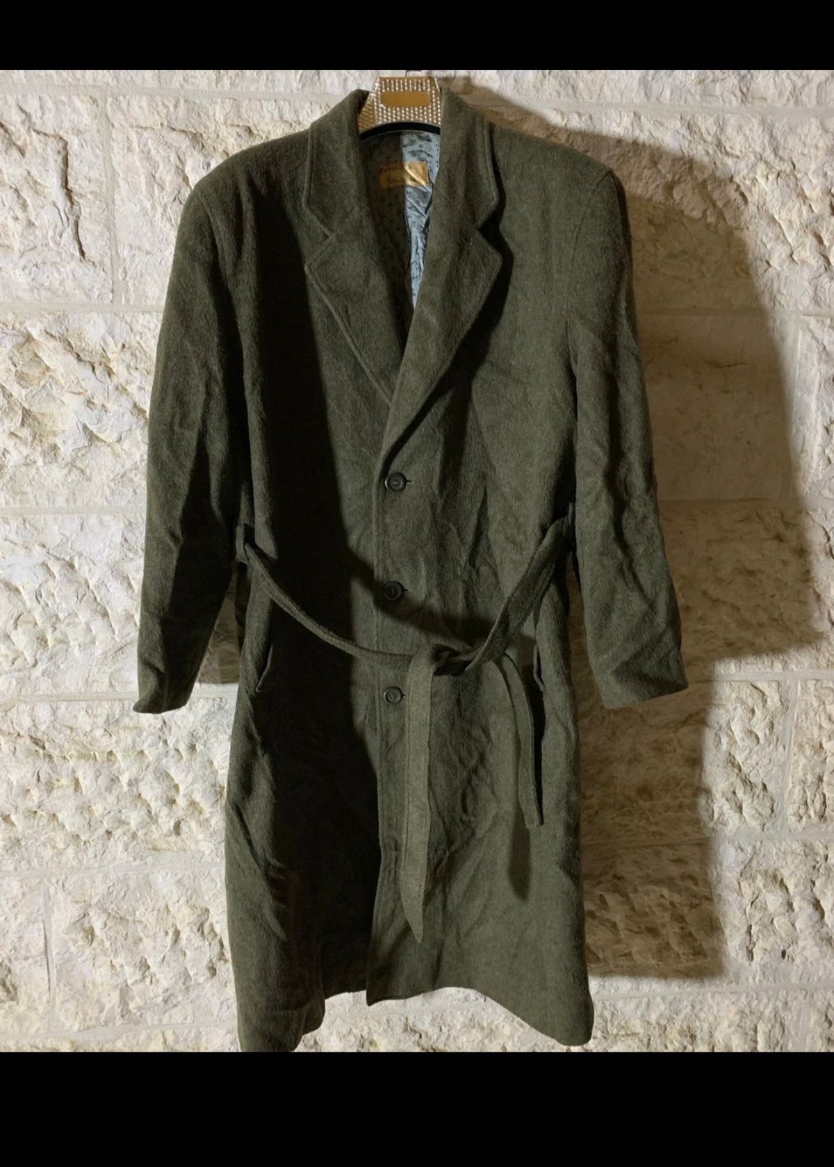 vintage wool blend olive green belted classic long over coat 50R 2XL