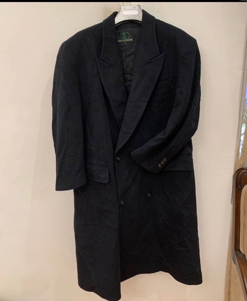 Vintage woollen wool double breasted gangster black classic over coat 46R 46S XL