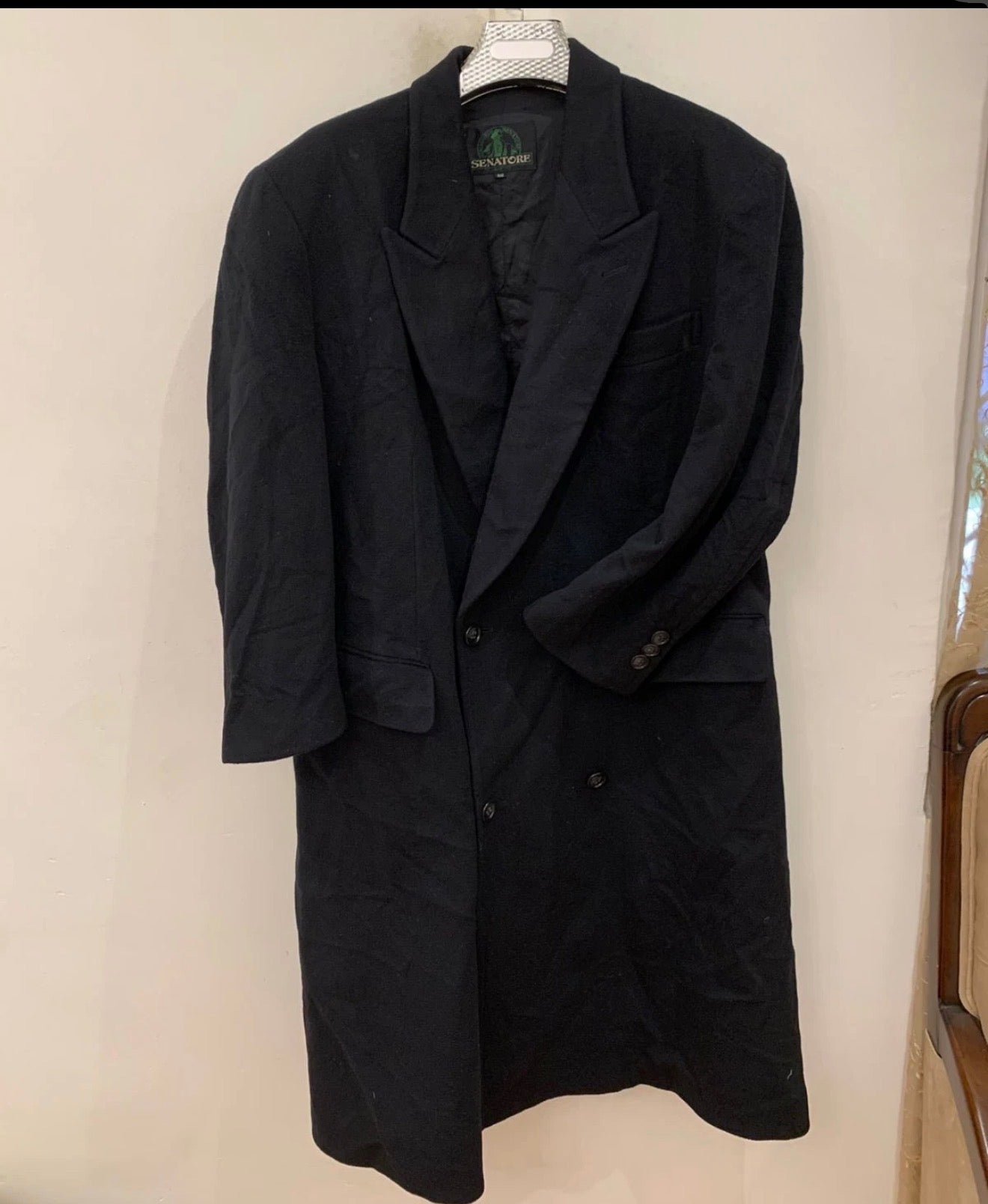 Vintage woollen wool double breasted gangster black classic over coat 46R 46S XL