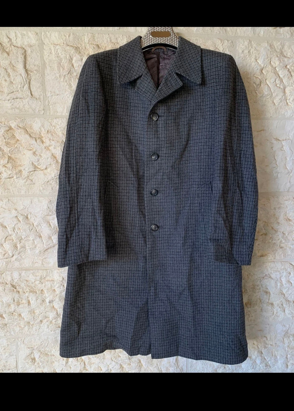 1970s vintage pure wool houndstooth plaid classic charcoal over coat 40R