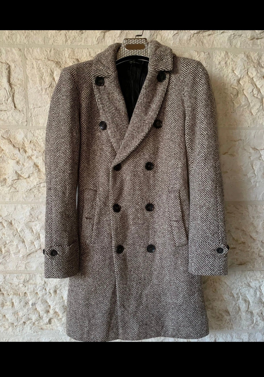 Classic unique style wool blended herringbone brown beige db over coat 34R 34L