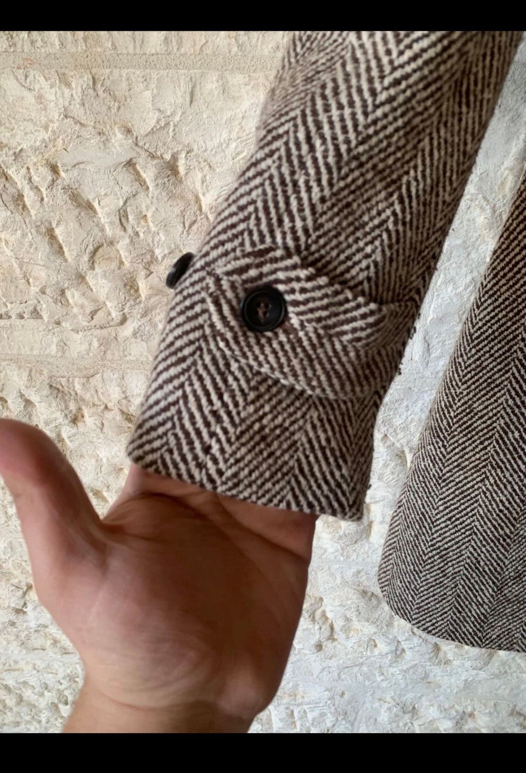 Classic unique style wool blended herringbone brown beige db over coat 34R 34L