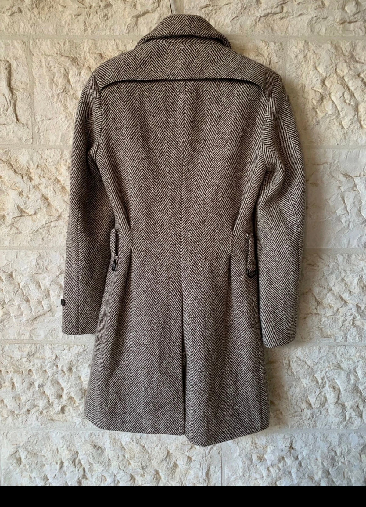 Classic unique style wool blended herringbone brown beige db over coat 34R 34L