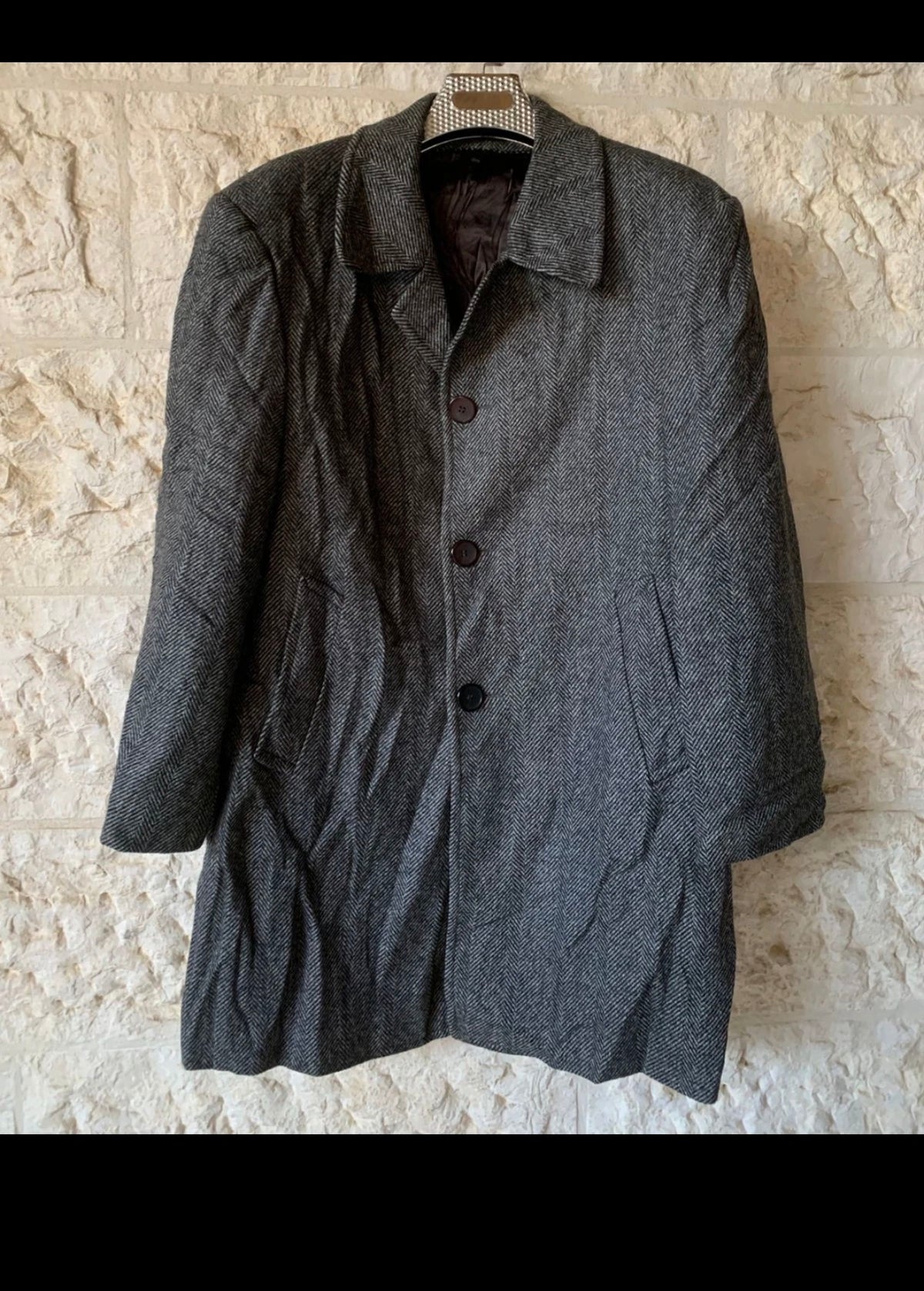 Vintage pure wool handwoven tweed herringbone charcoal classic over coat 44R