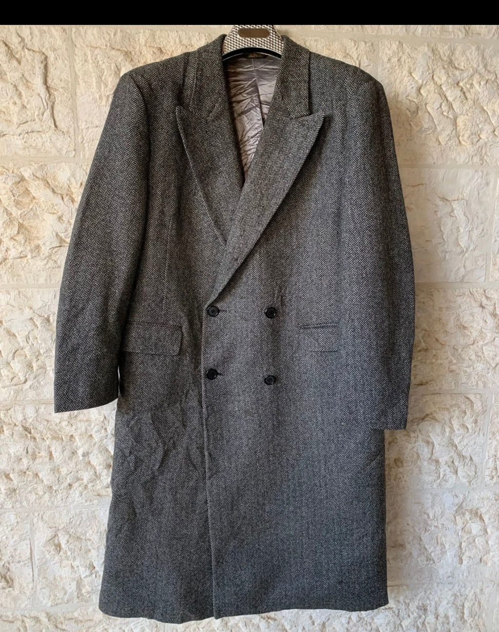 Vintage pure wool handwoven tweed gangster db herringbone over coat 44R 44L