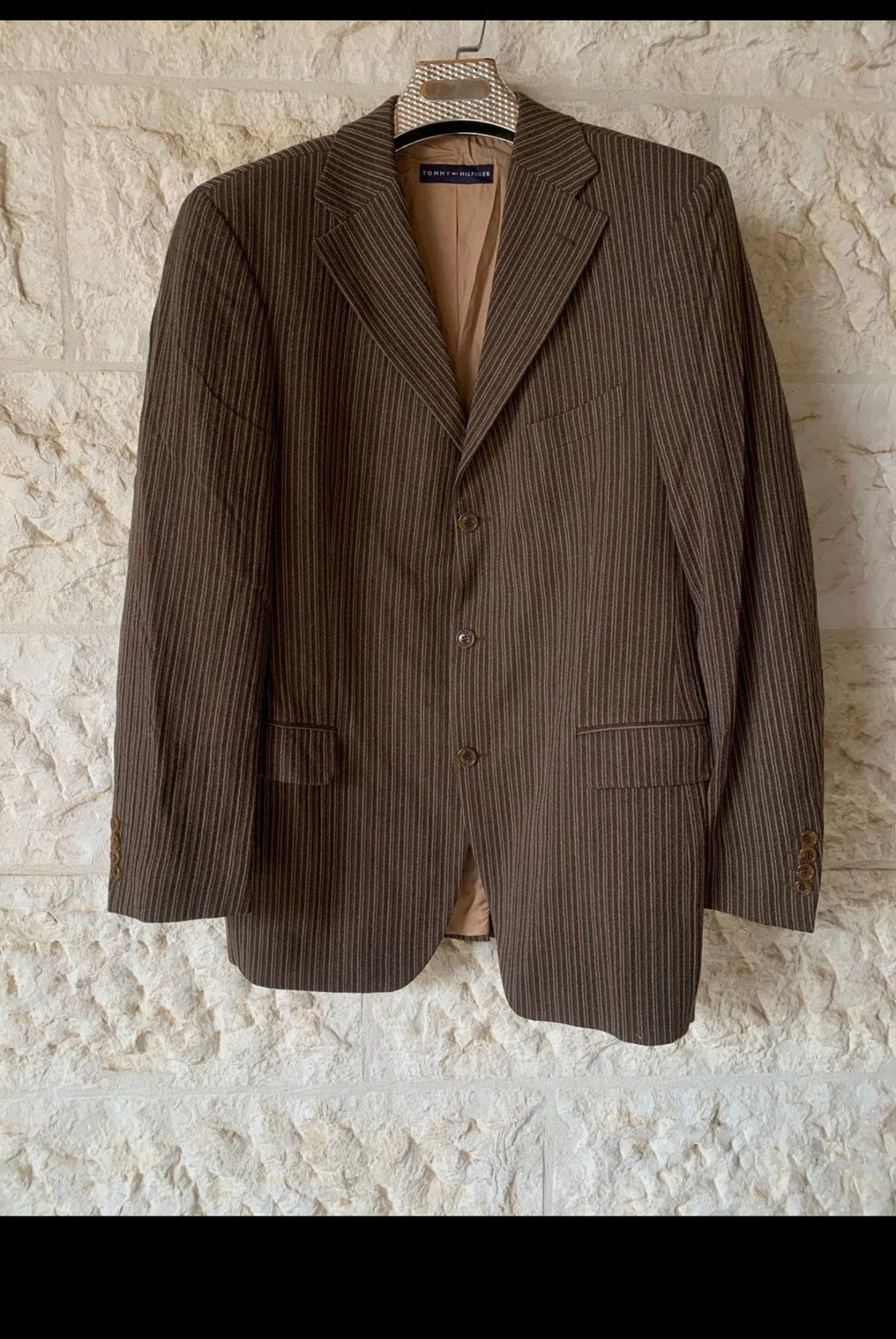 Vintage Tommy Hilfiger pure wool classic brown striped jacket blazer 42R 42L