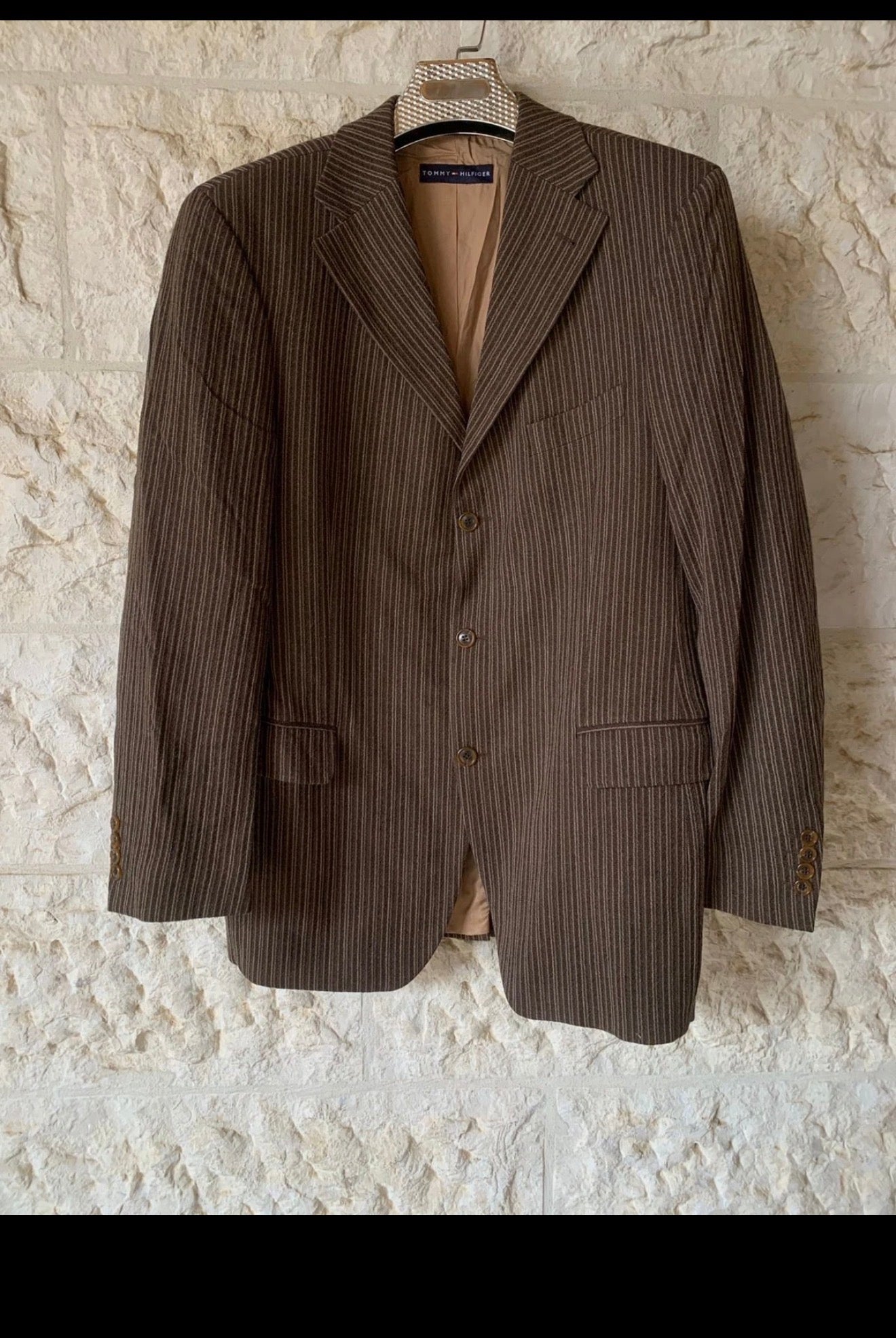 Vintage Tommy Hilfiger pure wool classic brown striped jacket blazer 42R 42L