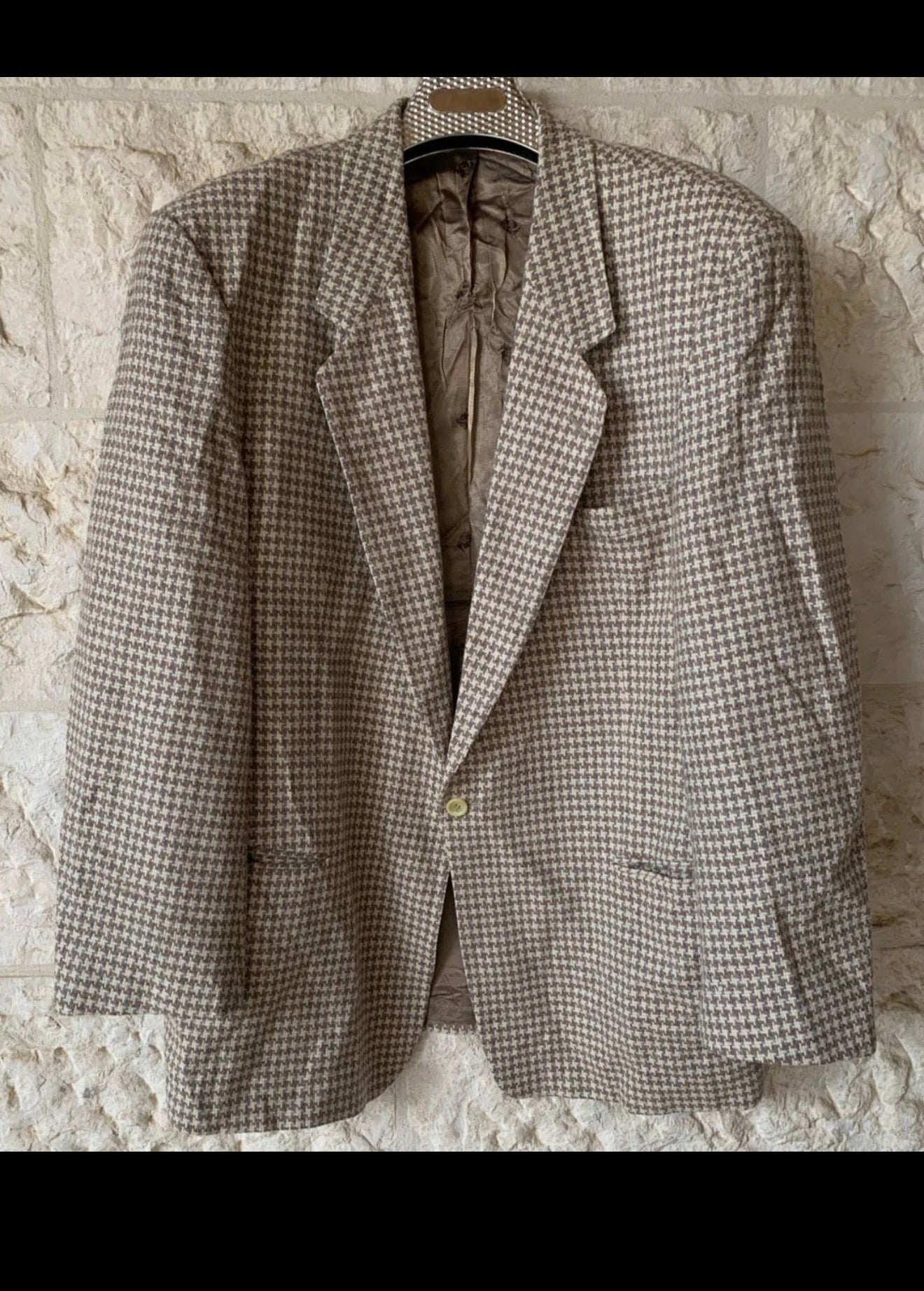 Vintage houndstooth pure wool handwoven tweed hunting jacket blazer 46R 46L XL