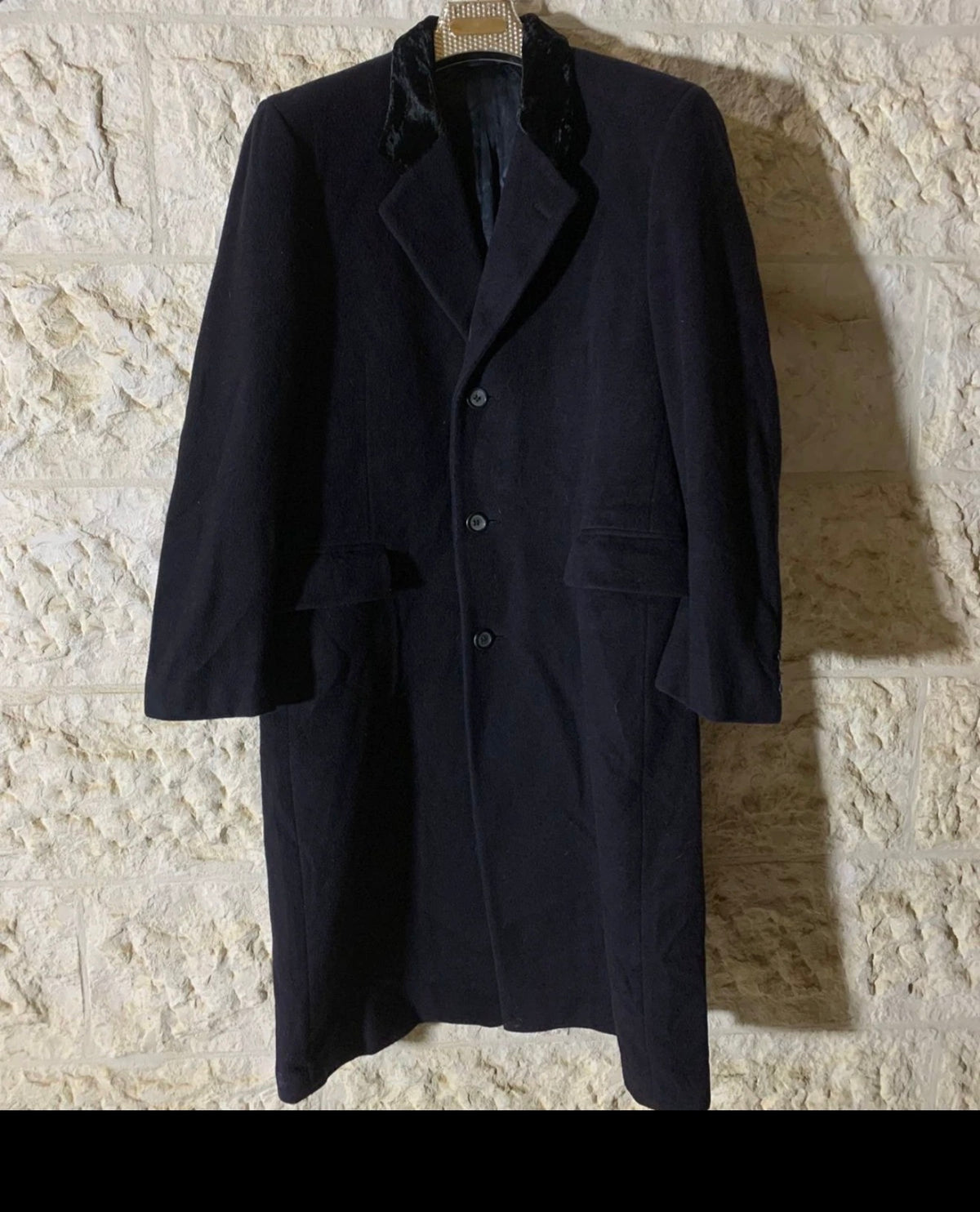 Vintage wool cashmere blend velvet collar classic navy over coat 44R 44L