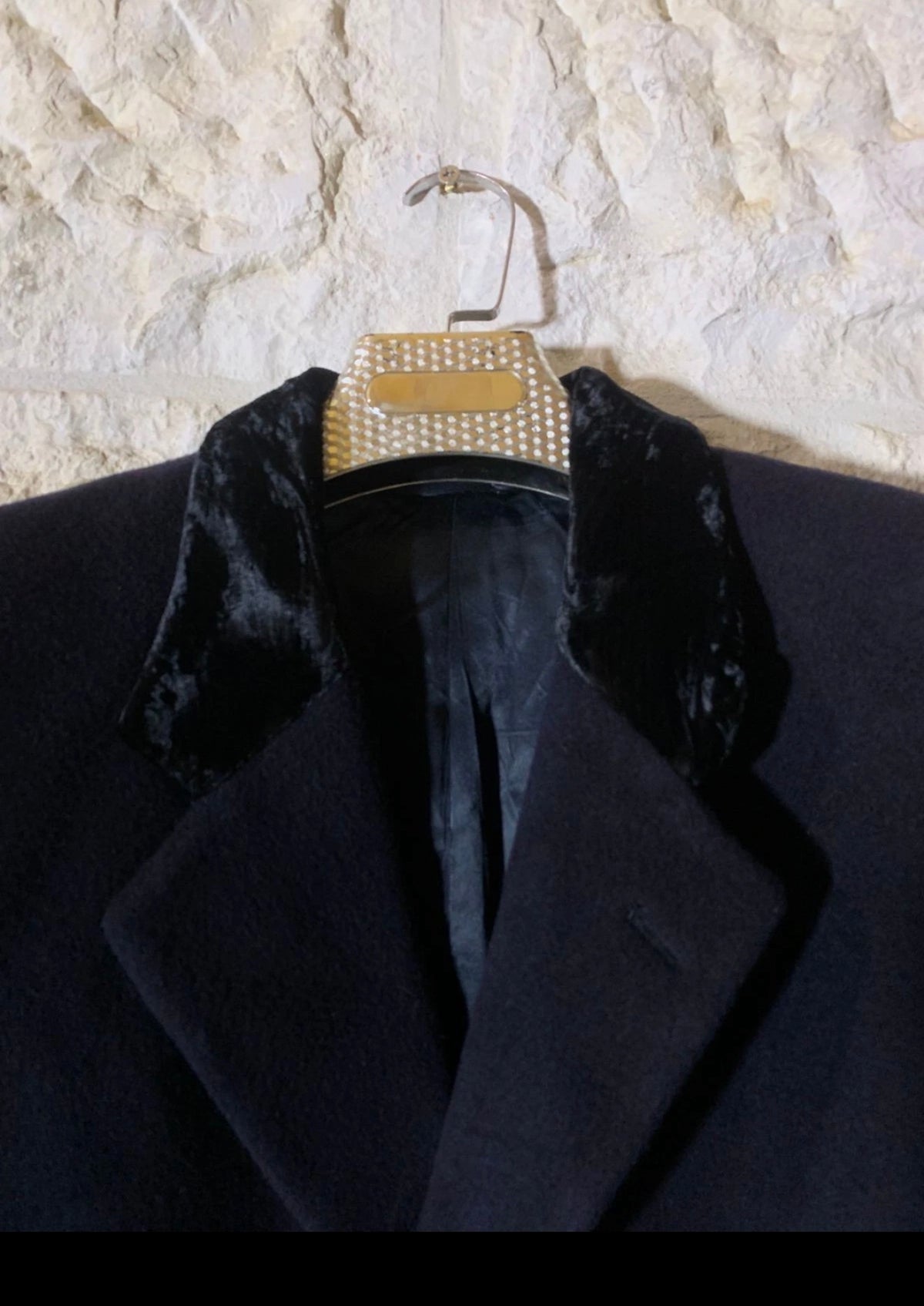 Vintage wool cashmere blend velvet collar classic navy over coat 44R 44L