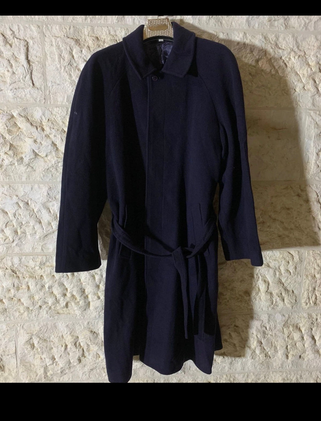 Vintage pure wool classic belted navy raglan long over coat 46L 46R XL