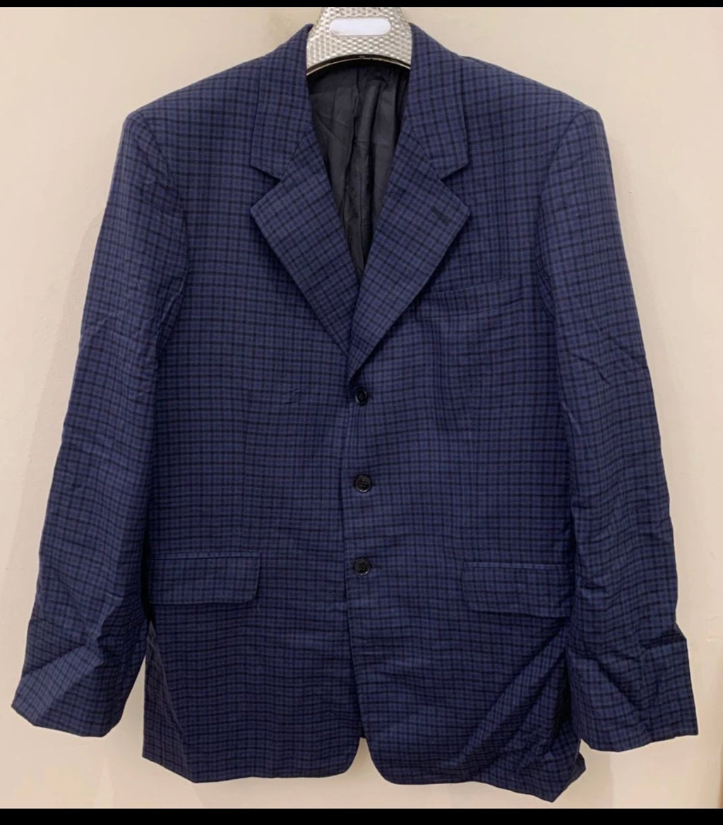 Vintage plaid pure wool super 120s classic blue hunting jacket blazer 42R 42L
