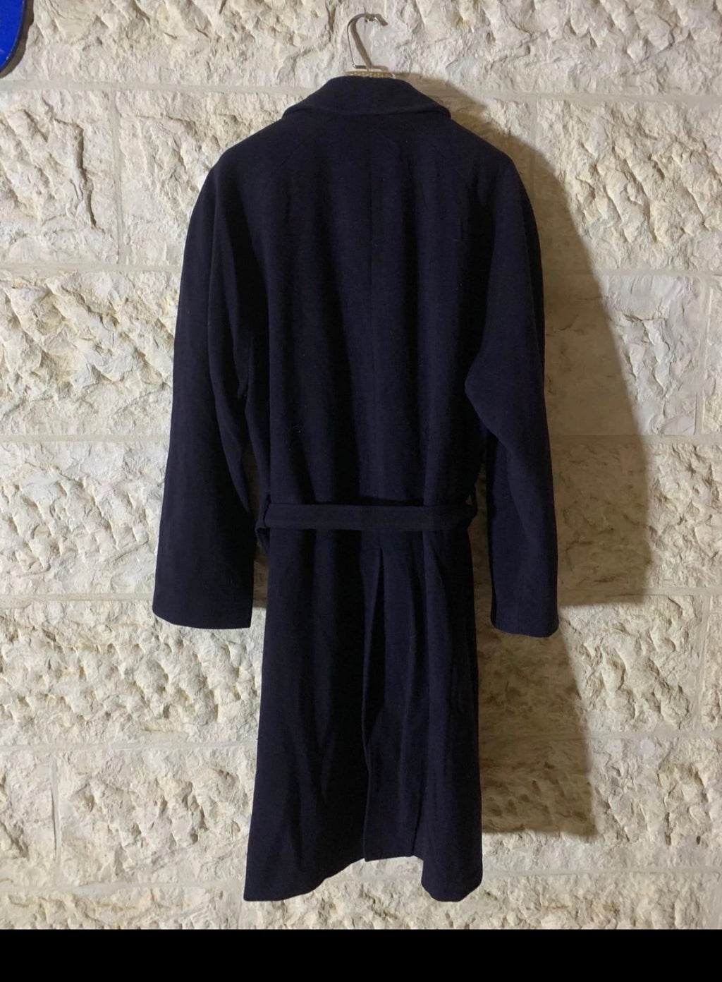Vintage pure wool classic belted navy raglan long over coat 46L 46R XL
