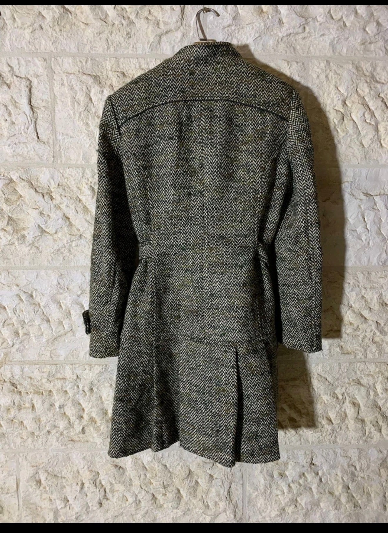 Classic vintage style wool blend tweed herringbone belted over coat 38 M 10