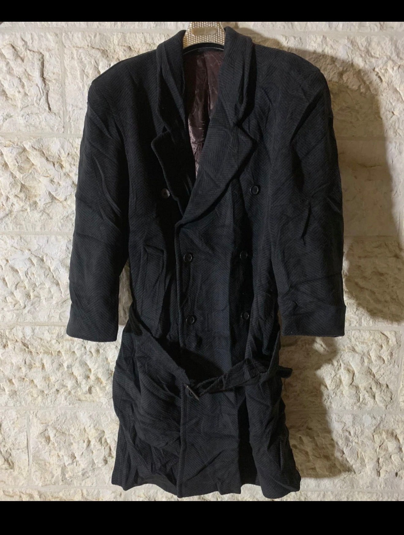Vintage pure wool belted herringbone charcoal classic db over coat 50R 2XL